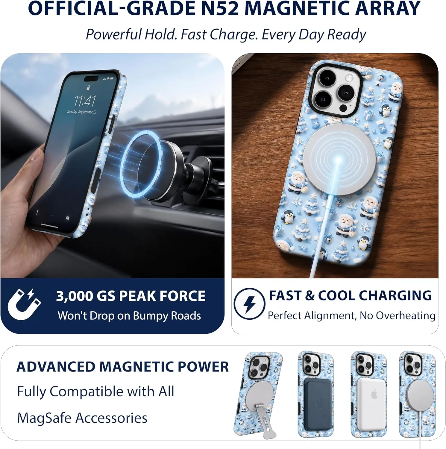 Magnetic for iPhone 16 Pro Max Baby Blue Phone Case, Cute Santa