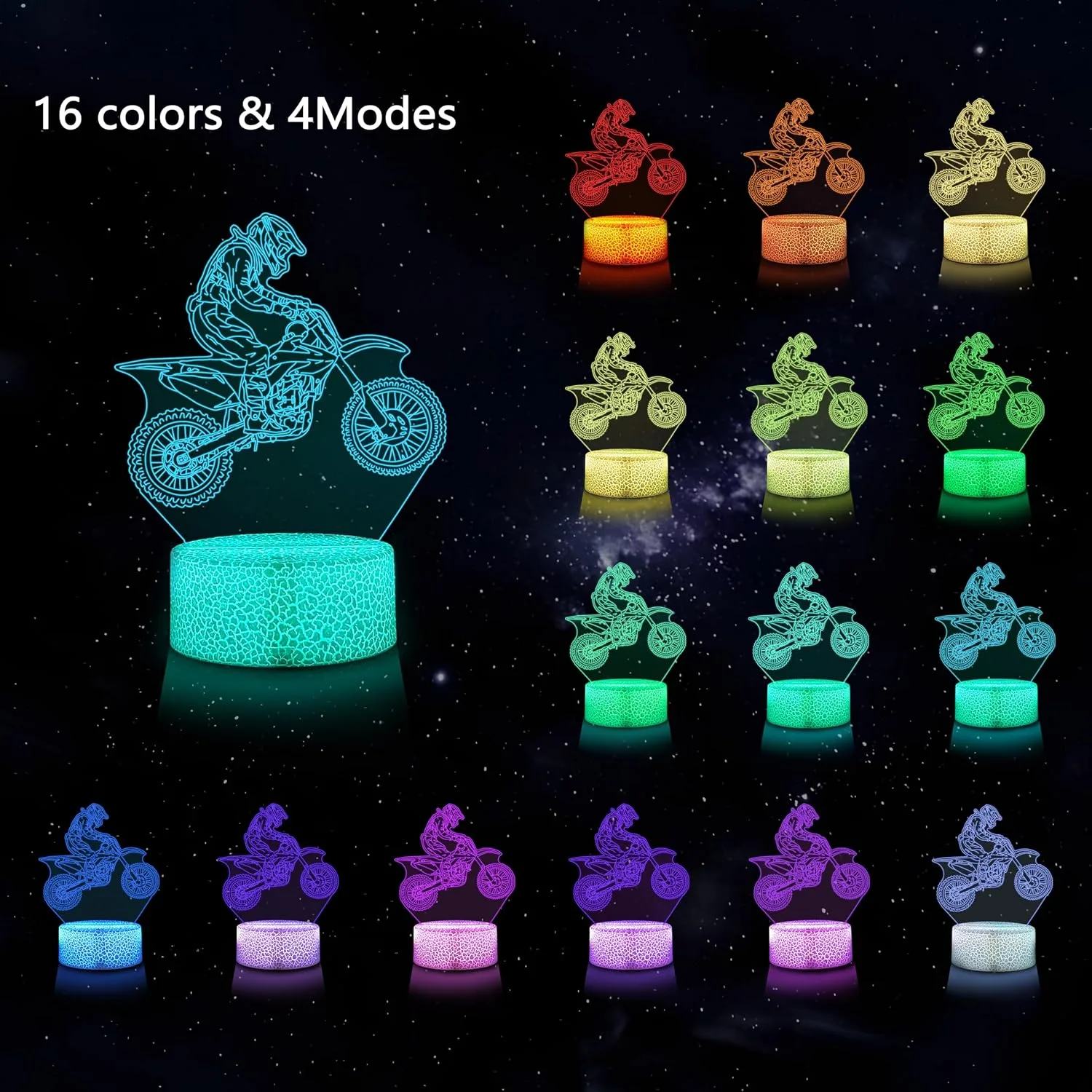 Dirt Bike Lamp for Boys, 3D Acrylic Motorcycle Illusion Night Light with 3 Patterns, 16 Colors Changing & Remote Control, Birthday Holiday Gift for Dirt Bike Fans, Kids Room Decor