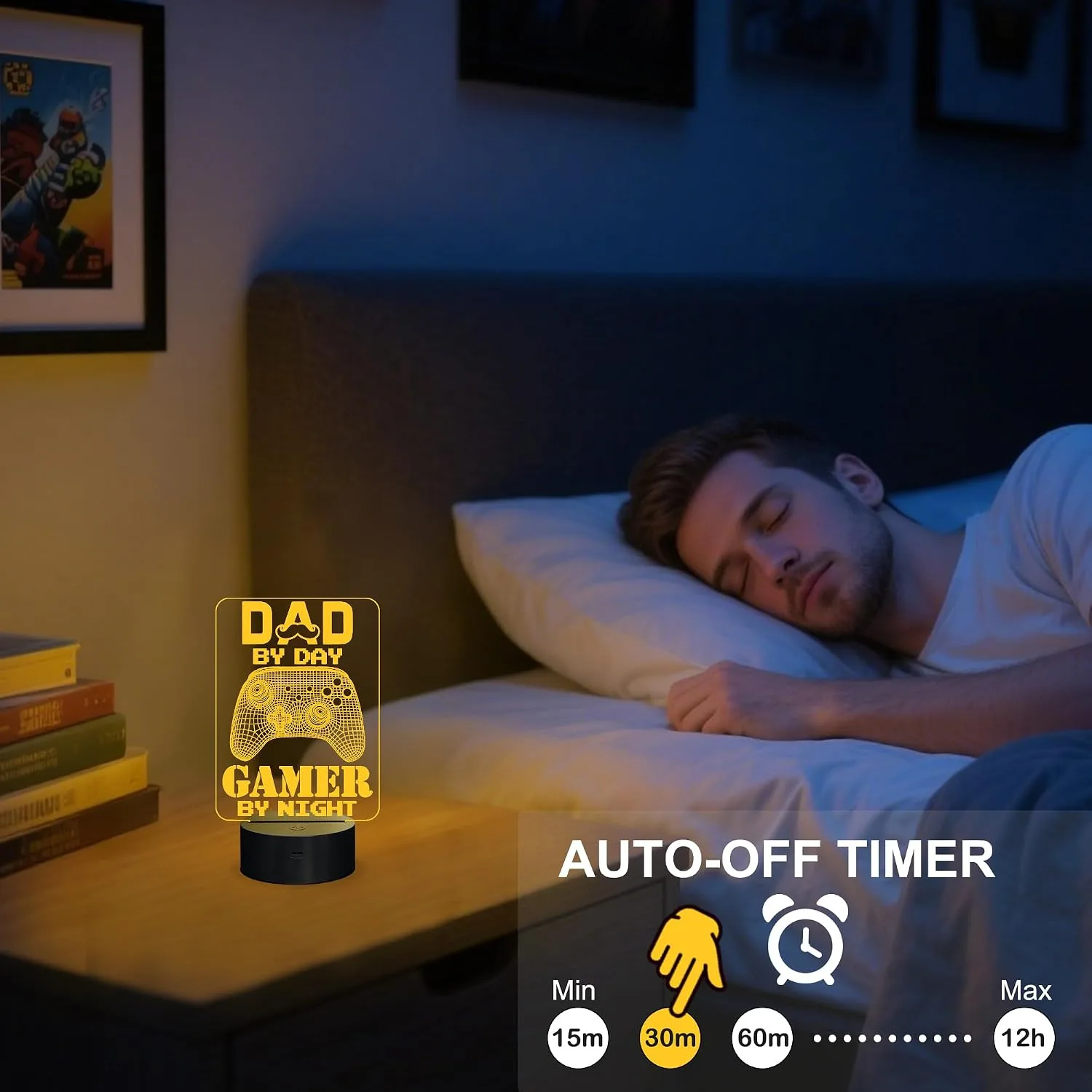 YuanDian Gamer Gifts, Dad By Day Gamer By Night Funny 3D Illusion Lamp 16 Colors Changing Touch & Remote Control, Desk Decor
