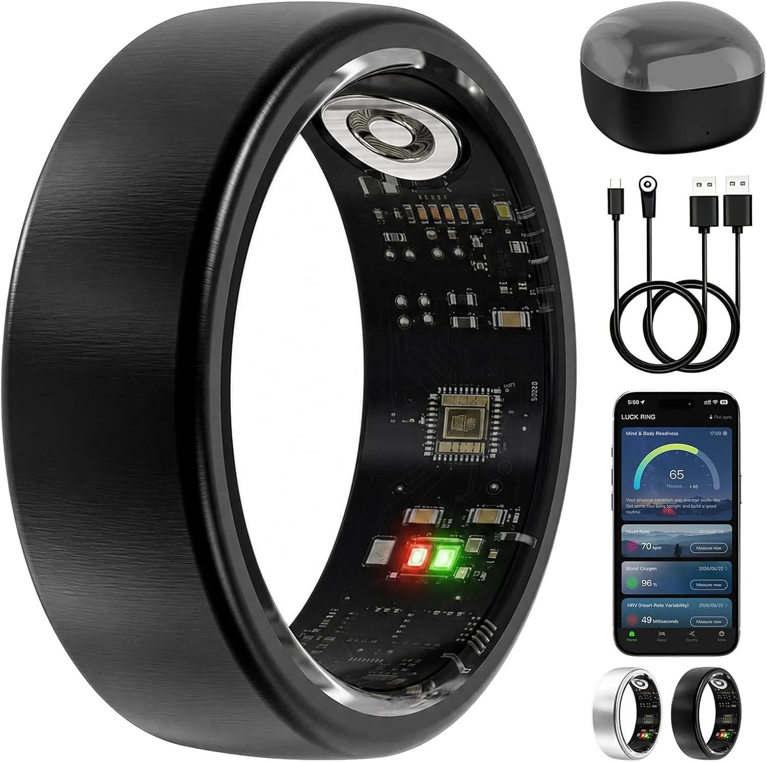 Smart Ring for Women Men, Sleep Tracker, 12 Sports Modes, Size 9 Black
