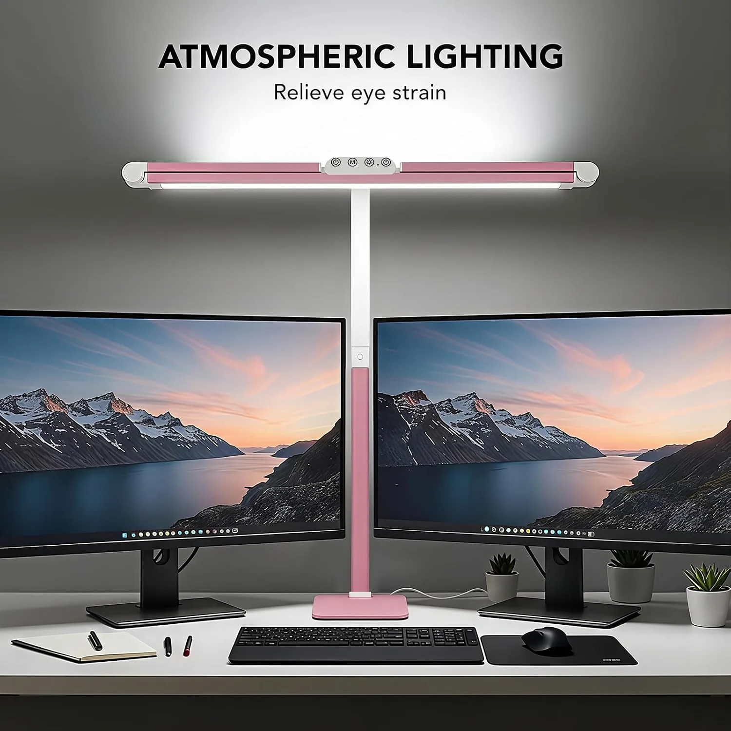 LED Desk Lamp for Home Office with Base, 28.2" Adjustable Gooseneck Swing Arm Bright Desk Light, Dimmable Architect Table Lamp for Desktop Computer Light, Reading, Study, Workbench（Pink）