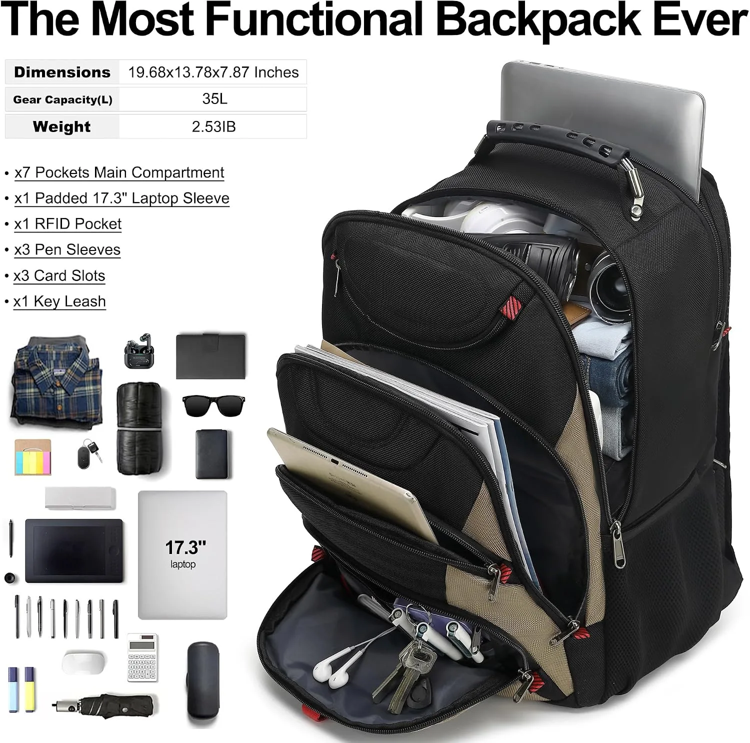 Boavan Laptop Backpack for men, 17.3 inch Laptop Bag with USB Port, Waterproof Travel Work Backpack Purse, Anti-Theft Teacher Nurse Doctor Casual Bookbags Office Business backpack，Black&Khaki