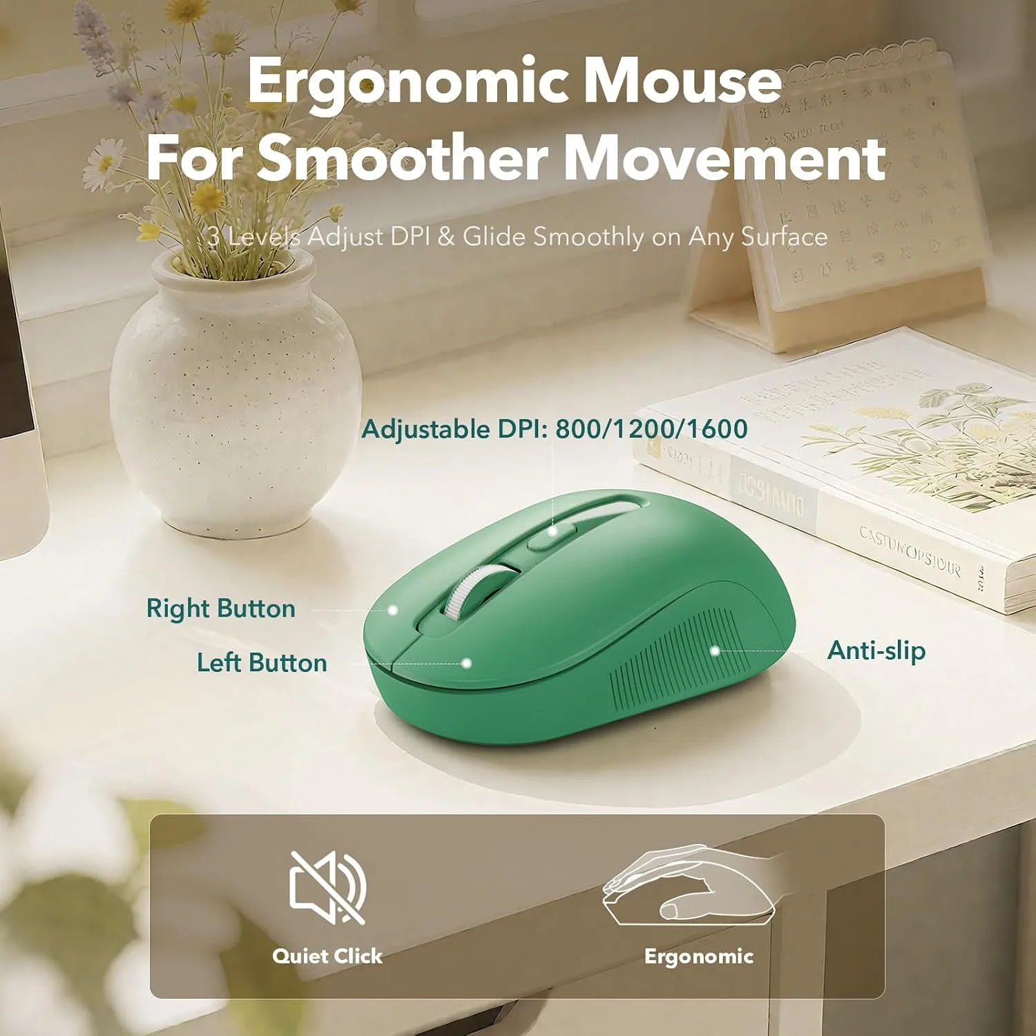Wireless Keyboard and Mouse, Round Keycap, Magnetic Wrist Rest, Green Black
