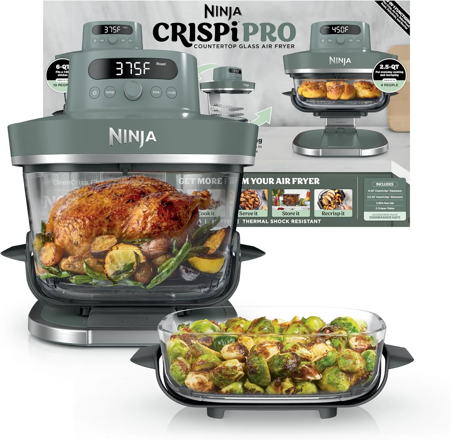 Ninja Crispi Pro Glass Air Fryer, 6-in-1, Ash Grey, AS101DG