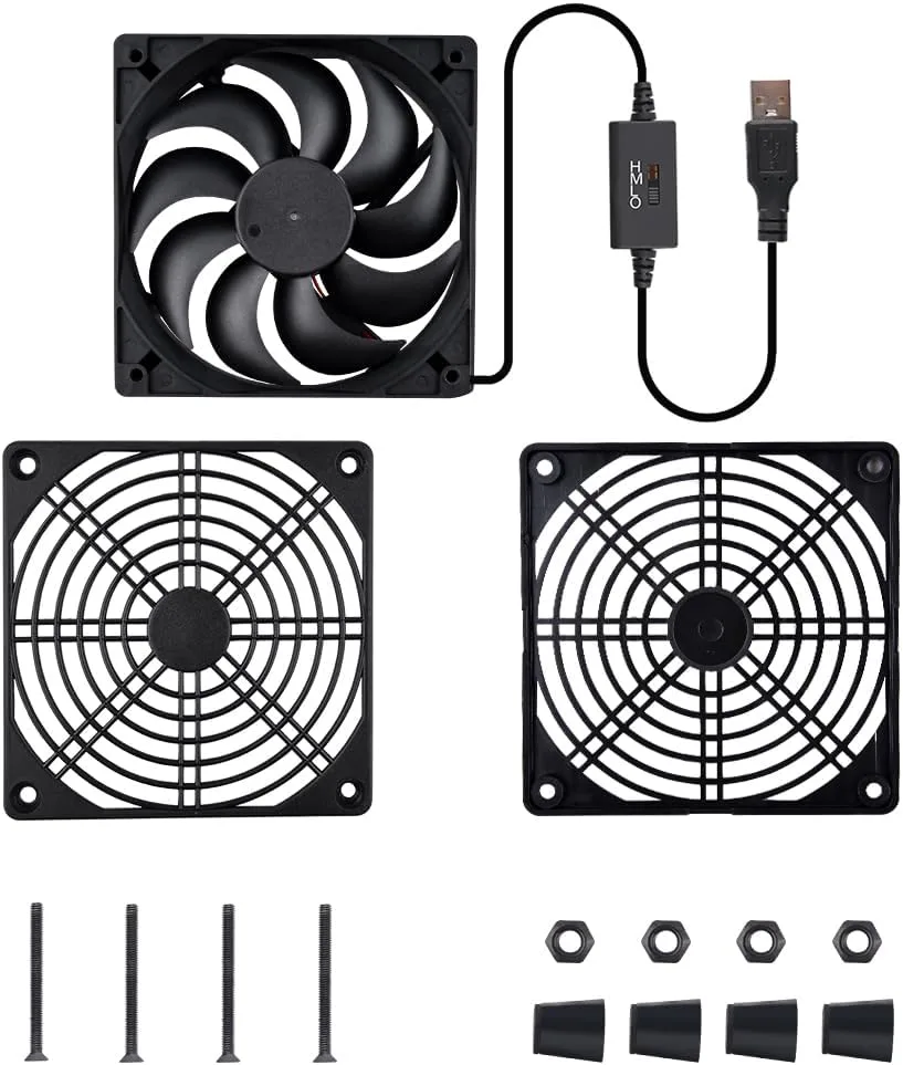 Quiet 120mm Router Fan Cooler with L/M/H 3-Degree Speed Controller, DC 5V USB Powered Cooling Case Fan for Router Modem Receiver DVR PlayStation TV Box