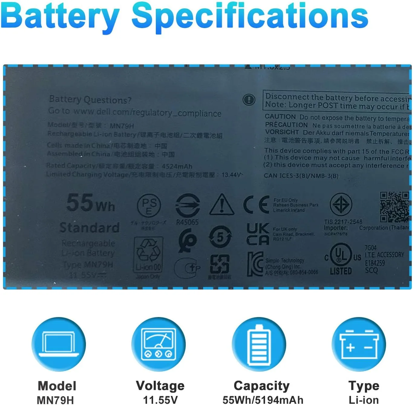 MN79H Laptop Battery for Dell XPS 13 Plus 9320 P151G Series