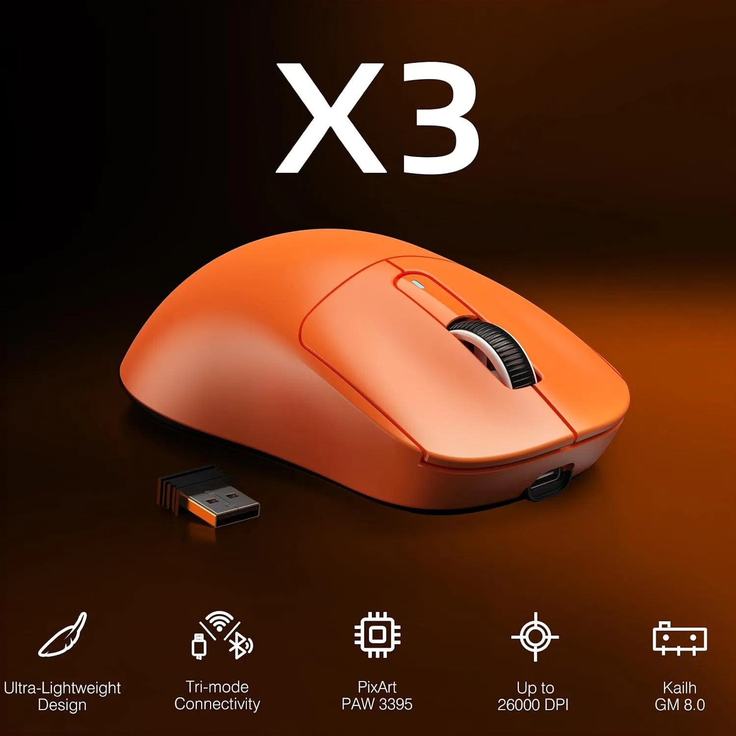ATTACK SHARK X3 Lightweight Wireless Gaming Mouse with Tri-Mode 2.4G/USB-C Wired/Bluetooth,Up to 26K DPI, PAW3395 Optical Sensor,Kailh GM8.0 Switch,5 programmable Buttons for PC/Win/Mac(Orange)
