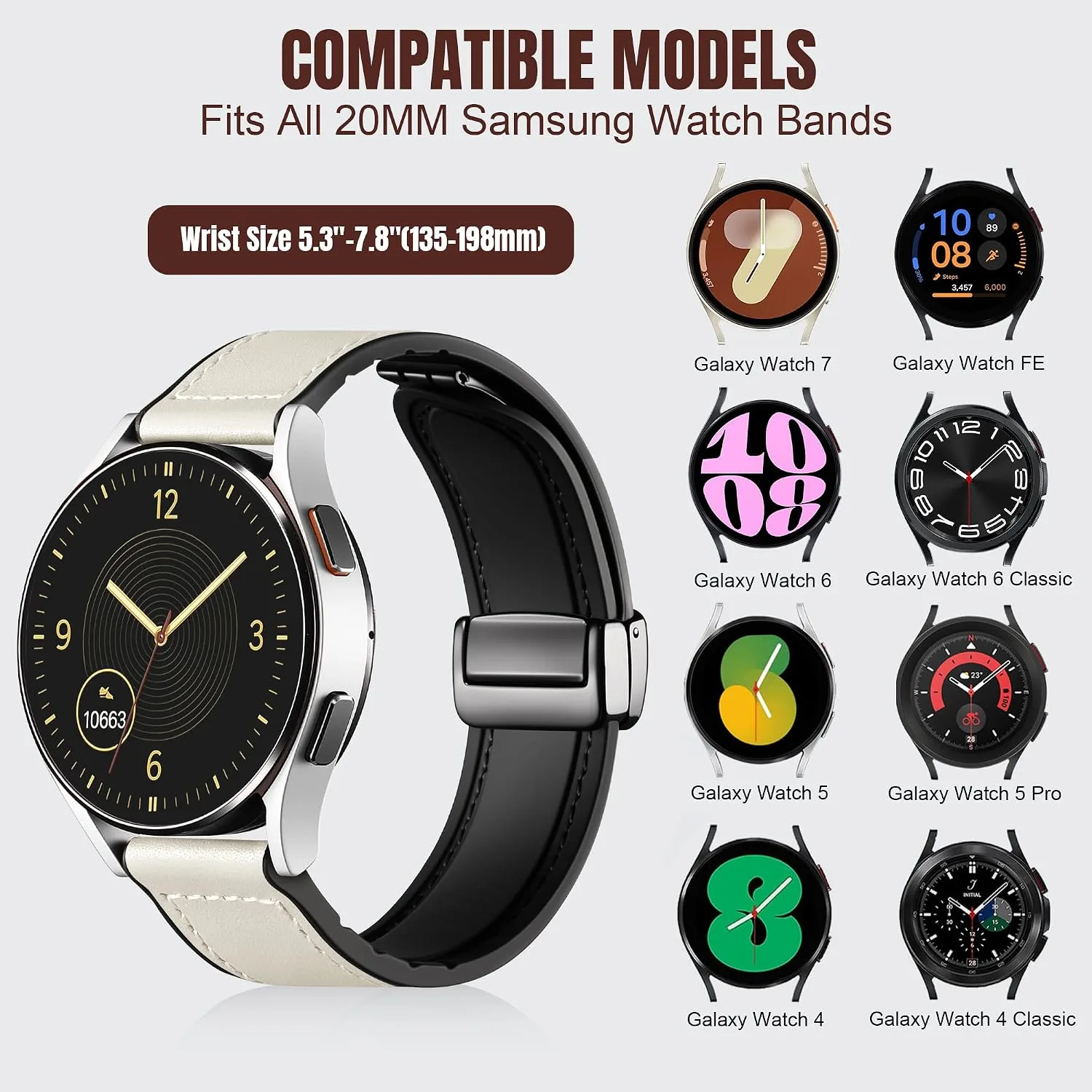 Charlam Magnetic Leather Bands Compatible with Samsung Galaxy Watch 7 Band 6 5 4 FE Active 2 40mm 44mm/Watch 6/4 Classic/Watch 5 Pro/3, 20mm Genuine Leather Straps for Samsung Watch Bands Men Women