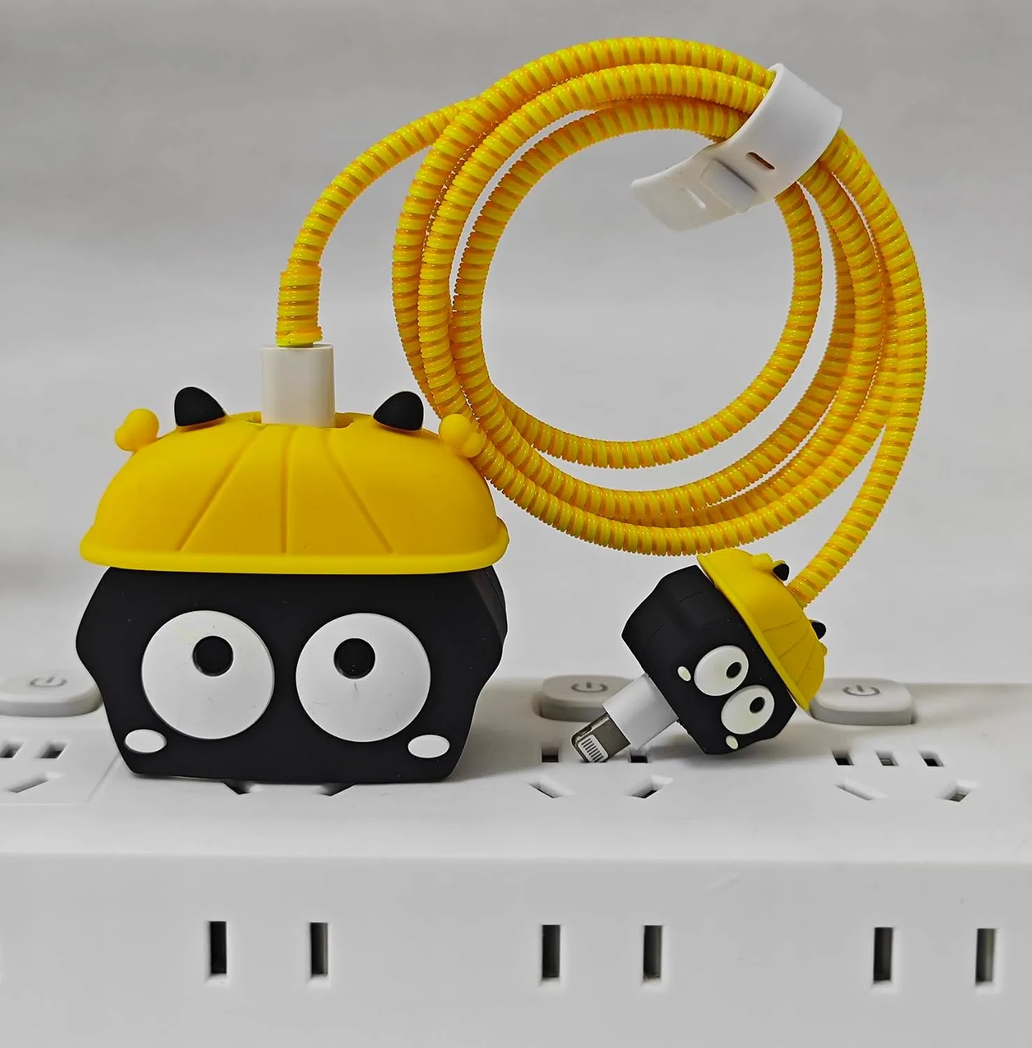 Compatible with iPhone 18W/20W USB-C Charger Protector Cover, 3D Cute Cartoon Charger Case for Apple iPhone 20W USB-C Power Adapter and Lightning Cable Protective Wire Saver (Yellow Hat Black)