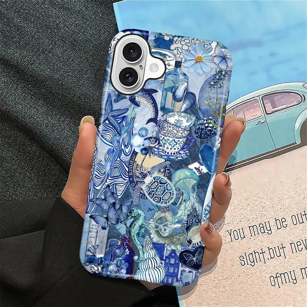 DAIZAG Case for iPhone 16,Mixed 2 Layer Design Shockproof Soft TPU Ddouble Protection Phone Case for iPhone 16-Blue Book Sea Life World