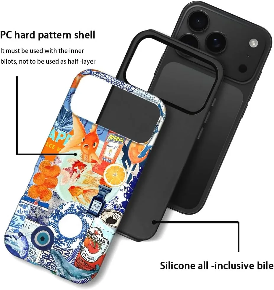 Case Compatible with iPhone 18 Pro Max/iPhone 17 Pro Max,Fall Prevention Hybrid 2-Layer Hard Shell Phone Cover for Girls Boys,Fish Orange Collage European