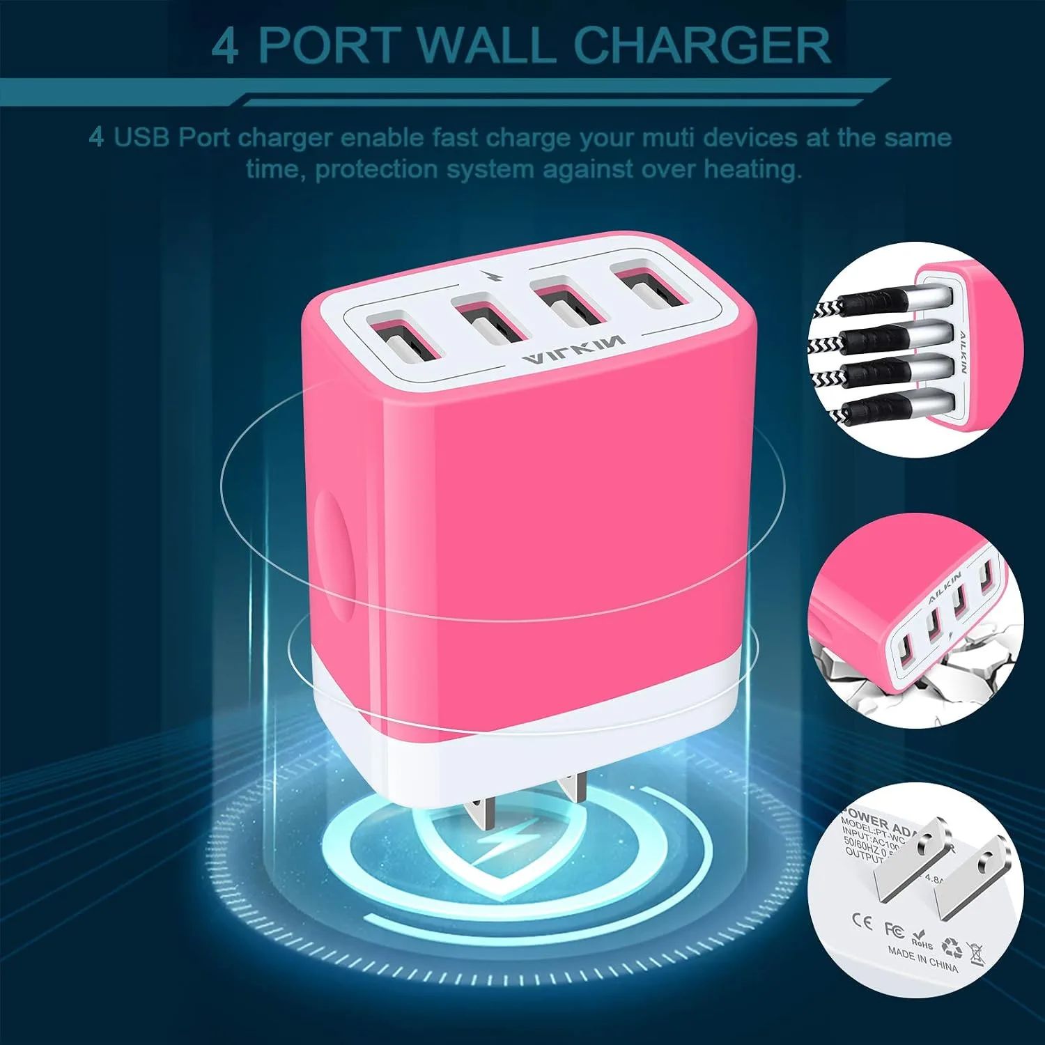 USB Charger Cube, Wall Charger Plug, AILKIN 4.8A 4-Muti Port USB Adapter