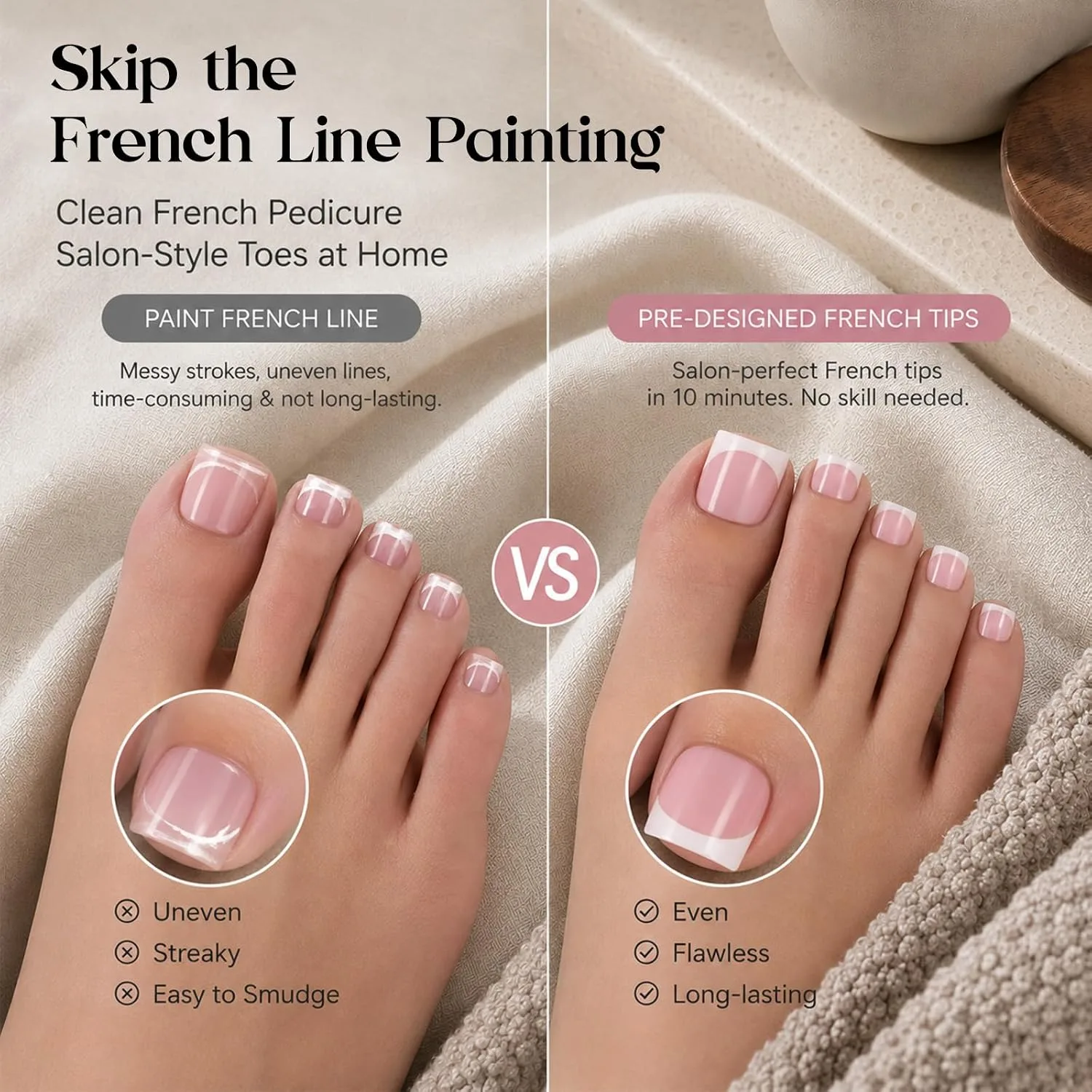 Beetles X Press French Tip Toenails - Glossy Pink Short Square 150 Pcs