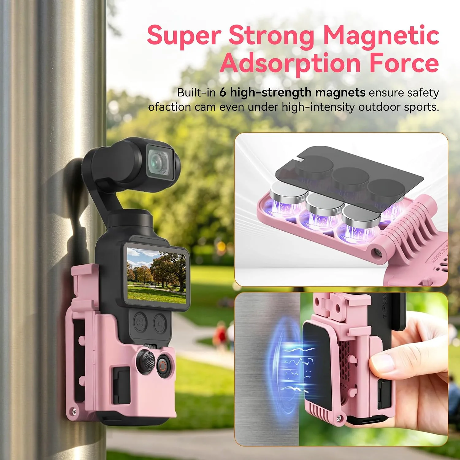 AMAZEAR Magnetic Mount Stand Compatible with DJI Osmo Pocket 4P/4/3/Xtra Muse, Pocket4 Accessories Adapter Clamp Magnet Suction Case Holder on Desktop/Vertical Surface, 180° Adjust Handle, Lightpink