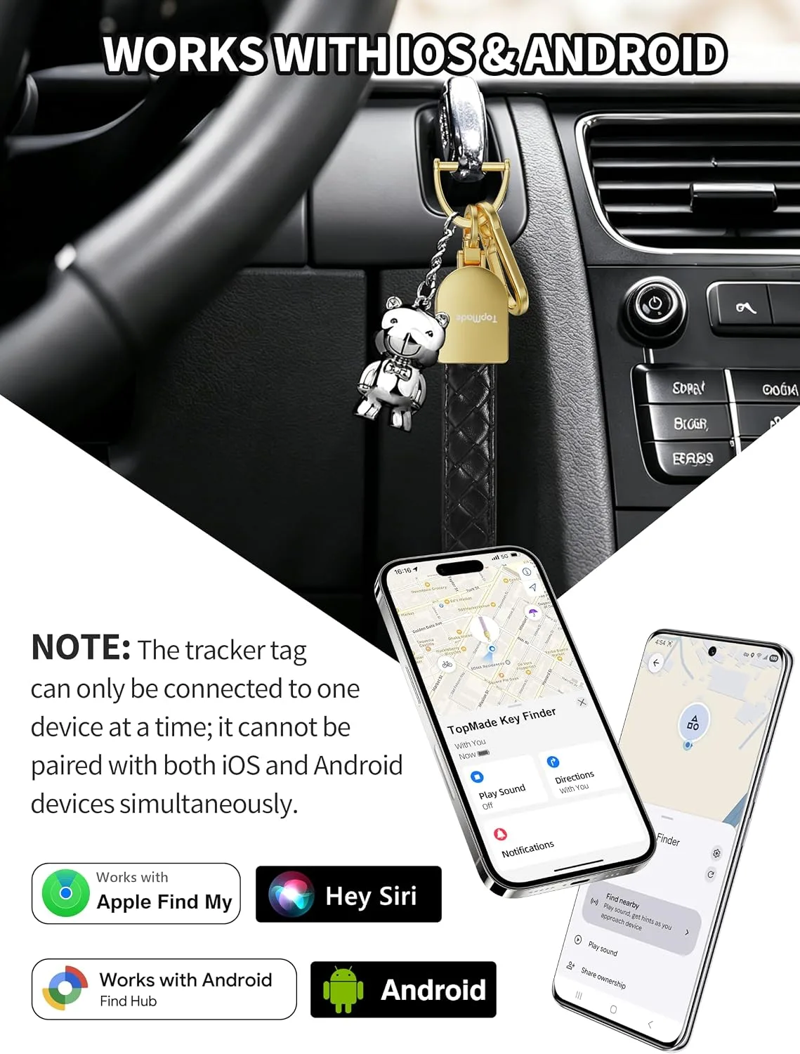 Smart Keychain Tracker (iOS & Android), Car Key Chains Finder, Black & Gold