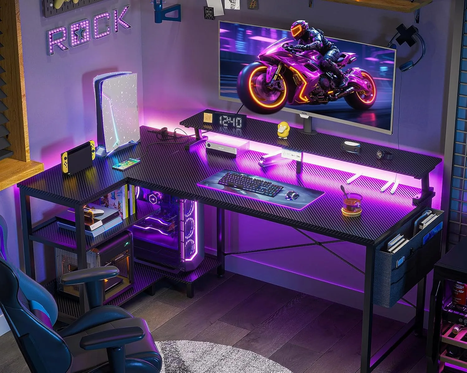 ODK 48 Inch L Shaped Gaming Desk with LED Lights, Power Outlets, Black