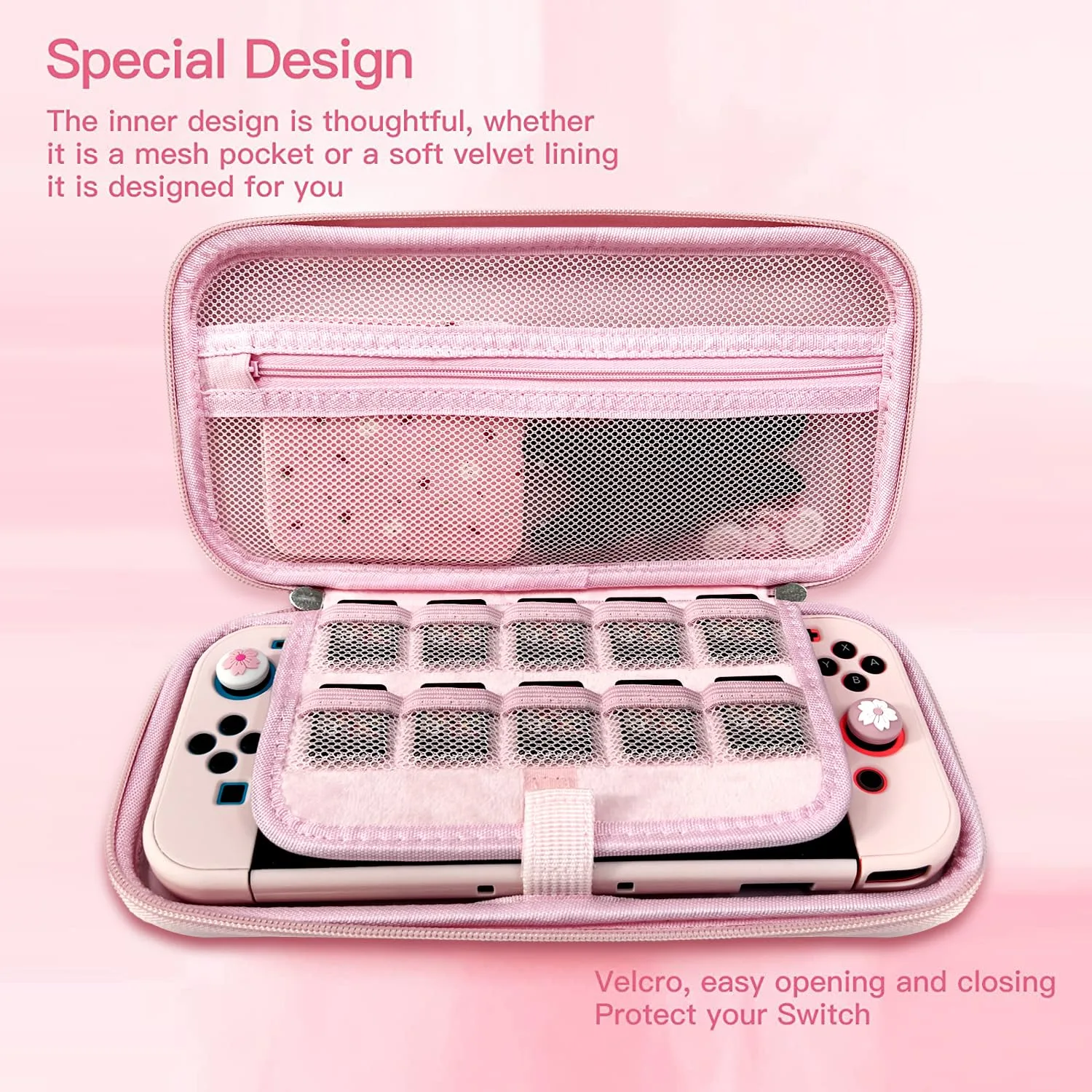 Pink Travel Carrying Case Accessories Kit Compatible with Nintendo Switch OLED.Pink Switch OLED Hard Protective Cover,Adjustable Stand,Screen Protector & Cute Thumb Grips 10 in 1 Gift.