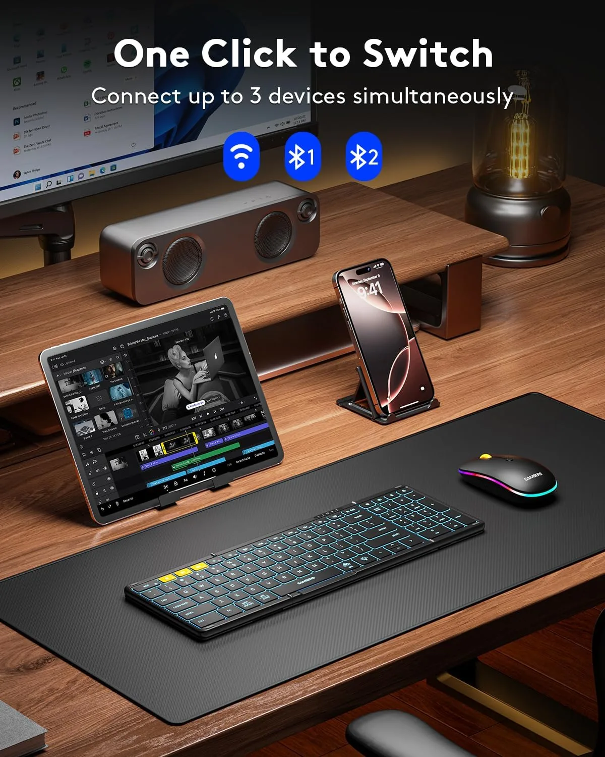 Foldable Keyboard and Mouse, Samsers Folding Bluetooth Keyboard Combo, 2.4G + BT5.0 x 2, Full-Size Portable Travel Keyboard & Rechargeable Wireless Mouse for Windows Android iOS Mac OS, Black