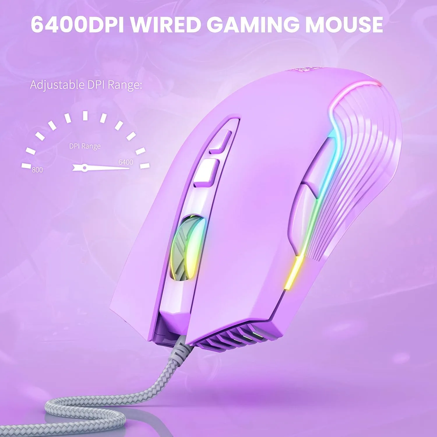 RGB Gaming Mouse Wired, 6400 DPI & 7 Buttons, Lilac