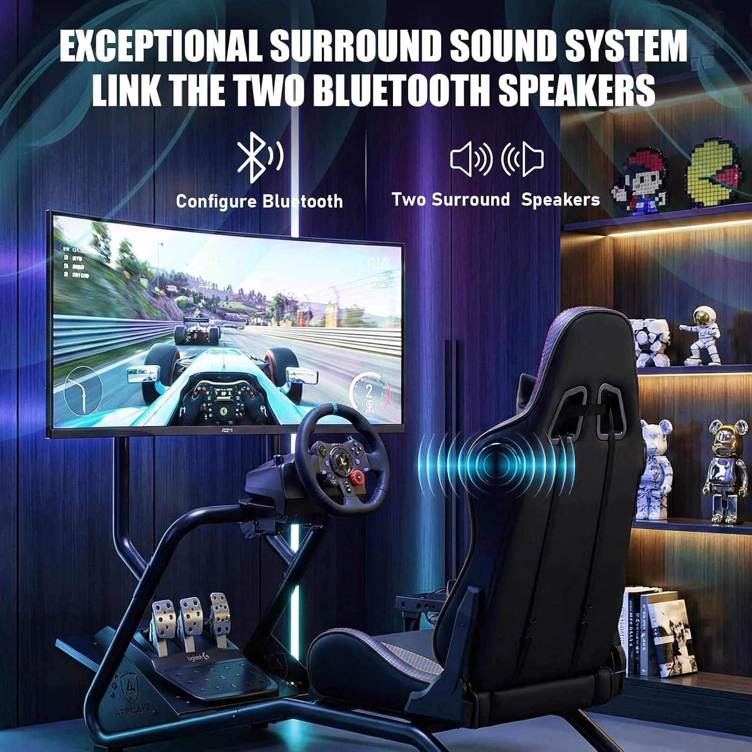 GTPLAYER Racing Simulator Cockpit with Monitor Stand and Seat and Bluetooth Speakers, Racing Style Reclining Seat and Ultra-Sturdy Alloy Steel Frame Racing Wheel Pedals NOT Included, Black