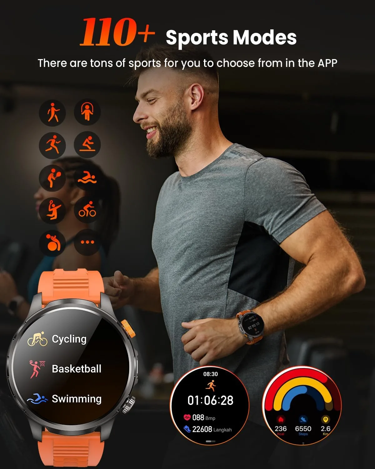 Military Smartwatch for Men 1000mAh Fitness Tracker Rugged Men Watch 2Bands