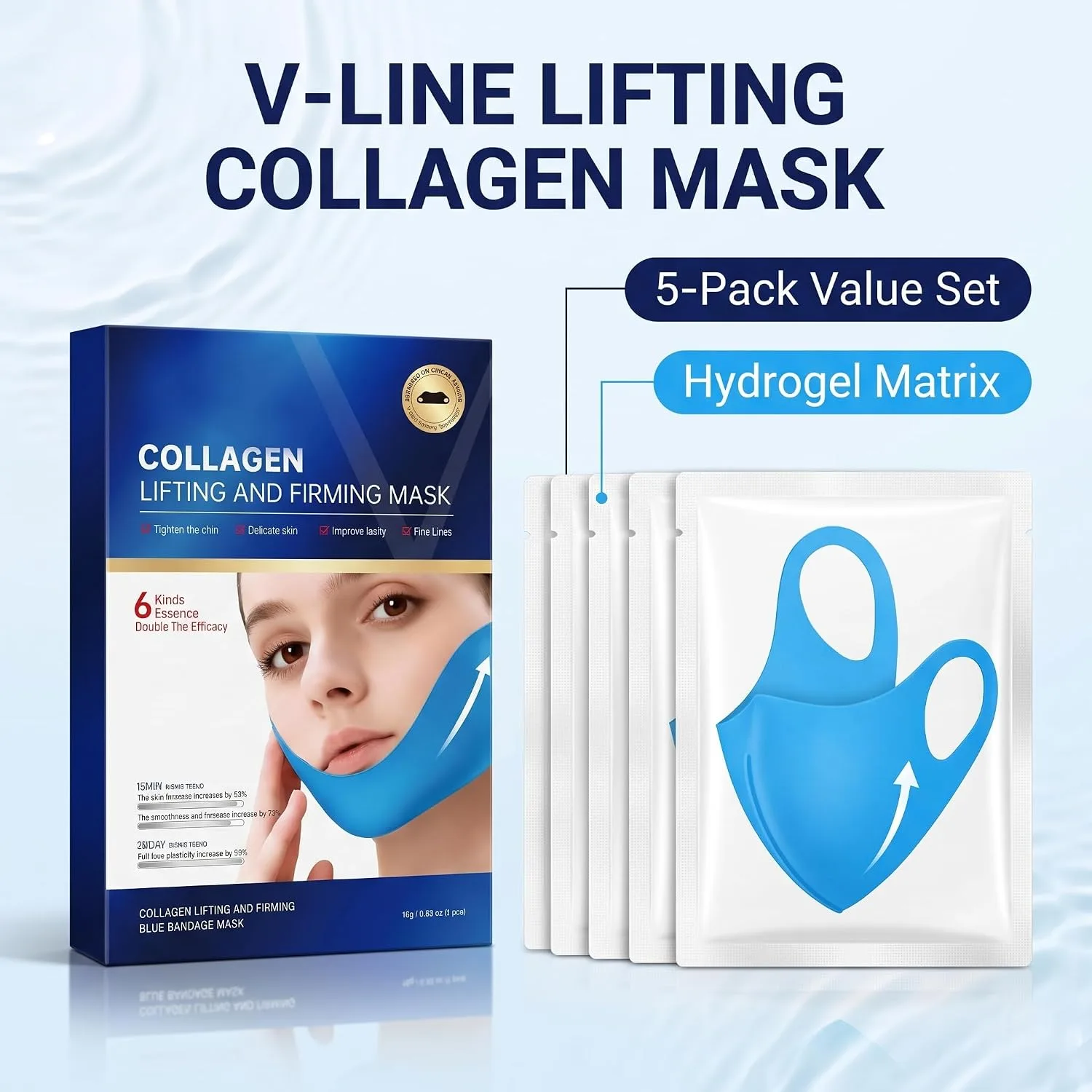 V Line Lifting Collagen Mask, 5 Pcs Double Chin Reducer & Jawline Care Blue