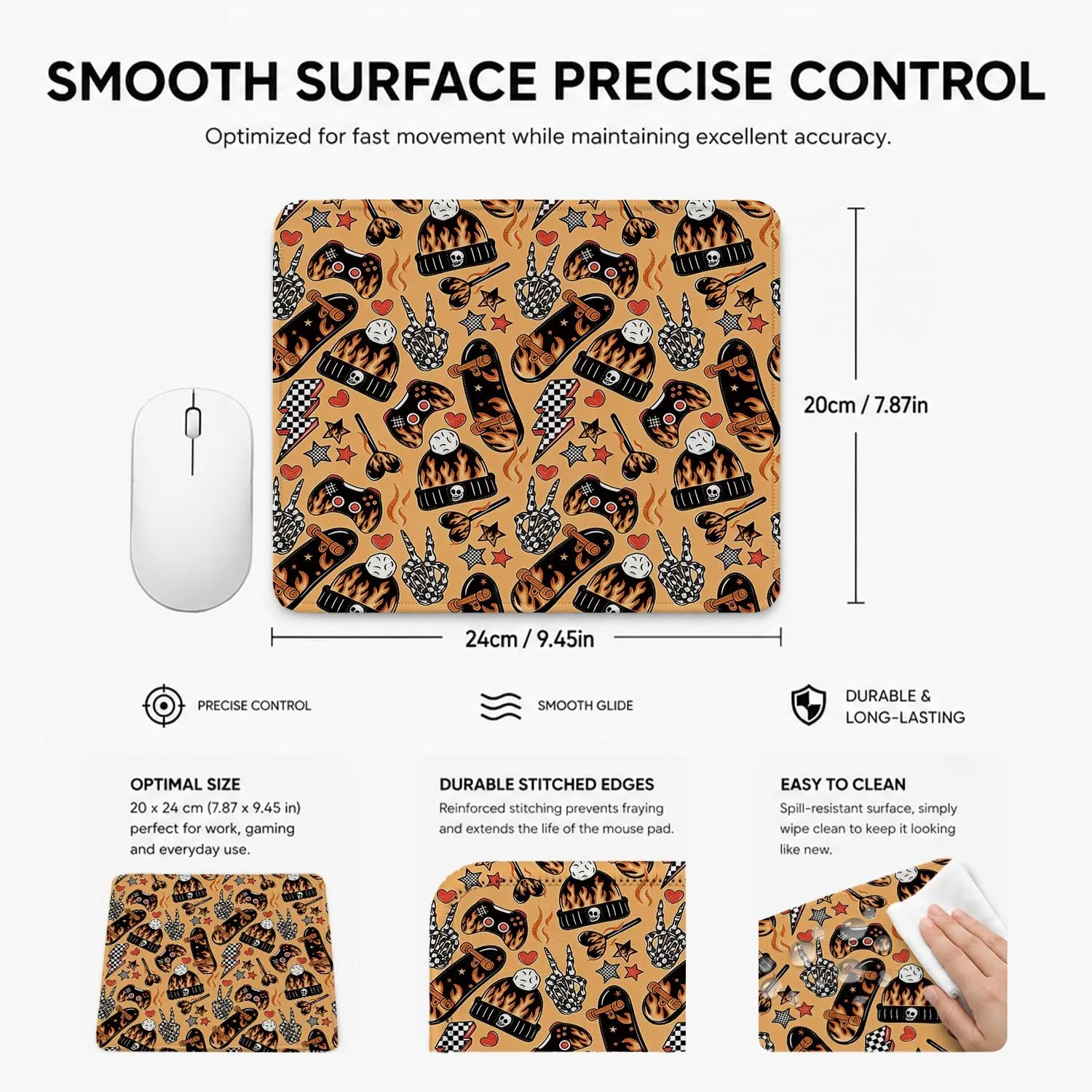 Skateboard Flame Mouse Pad with Non-Slip Rubber Base, Small Gaming Mouse Pad, Stitched Edges, Smooth Surface for Computer, Laptop, Gaming, Office and Home,9.4 x 7.9 Inch