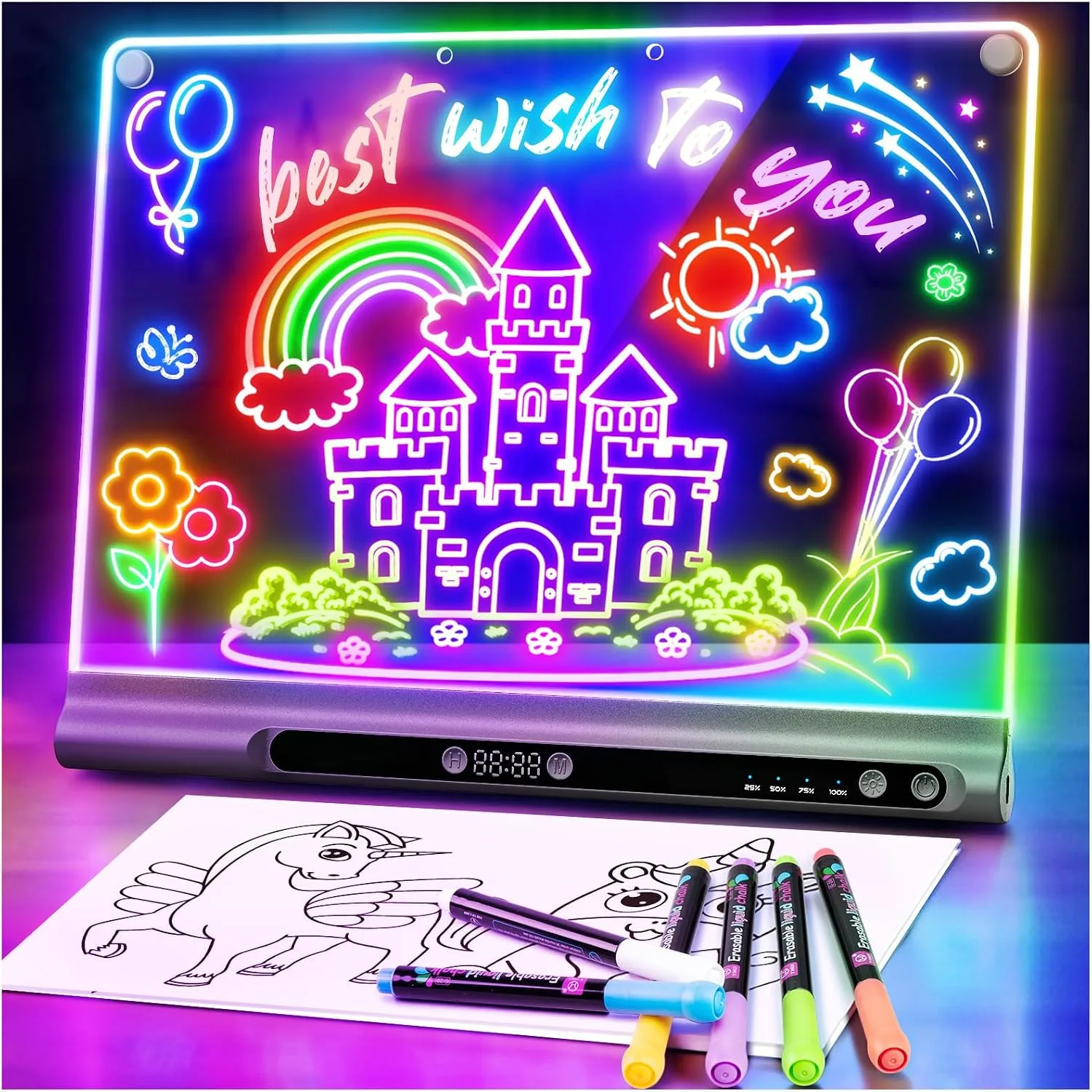 Geokay 16“ Rechargeable LED Drawing Board, 9-Color Light Modes with Timer & Built-in Stand, Neon Glow Up Dry Erase Doodle Note Pad, Sketching Gift Toy for Kids/Girls/Teens, 6 Markers & Tracing Book