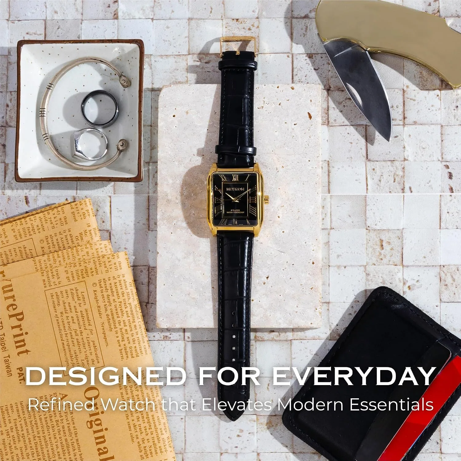 Miykon Men Vintage Tank Dress Watch, Genuine Leather Strap, Water Resistant