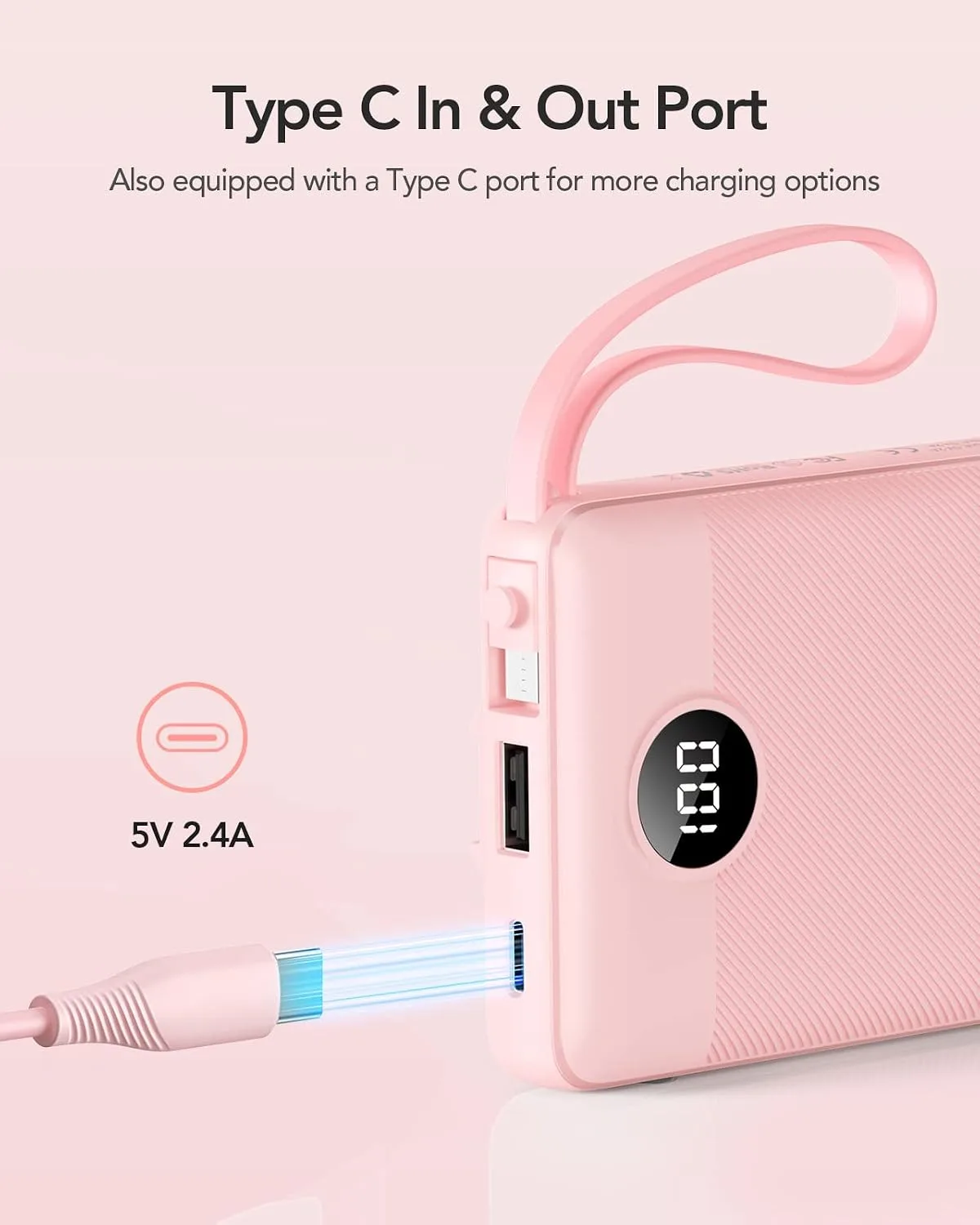 VRURC Portable Charger, Slim Power Bank Built-in 4 Cables, Travel Essential