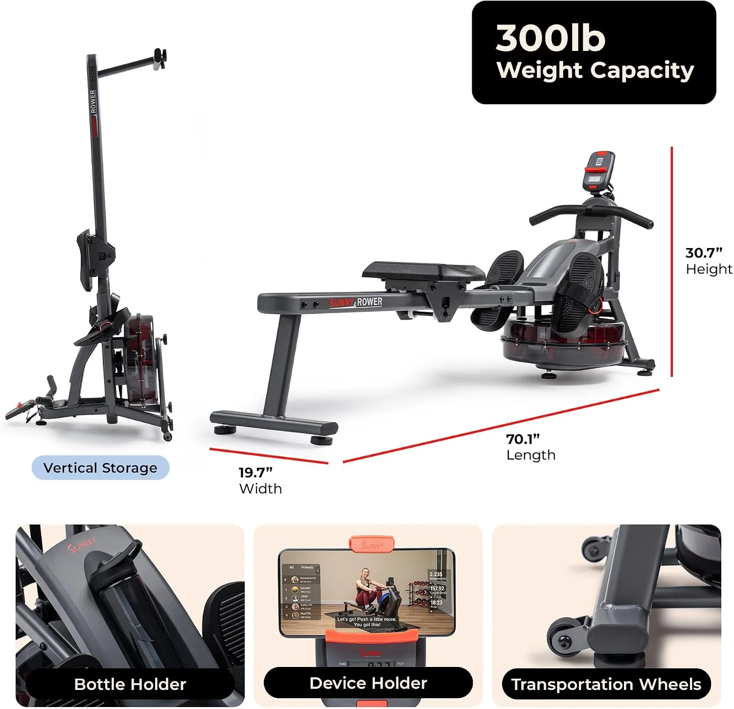 Sunny Health & Fitness Premium Water Rower w/Intensive Dynamic Real-Time Resistance, 300 LB Capacity Flip-able Rowing Machine for Home Training, Optional Free SunnyFit App Connection