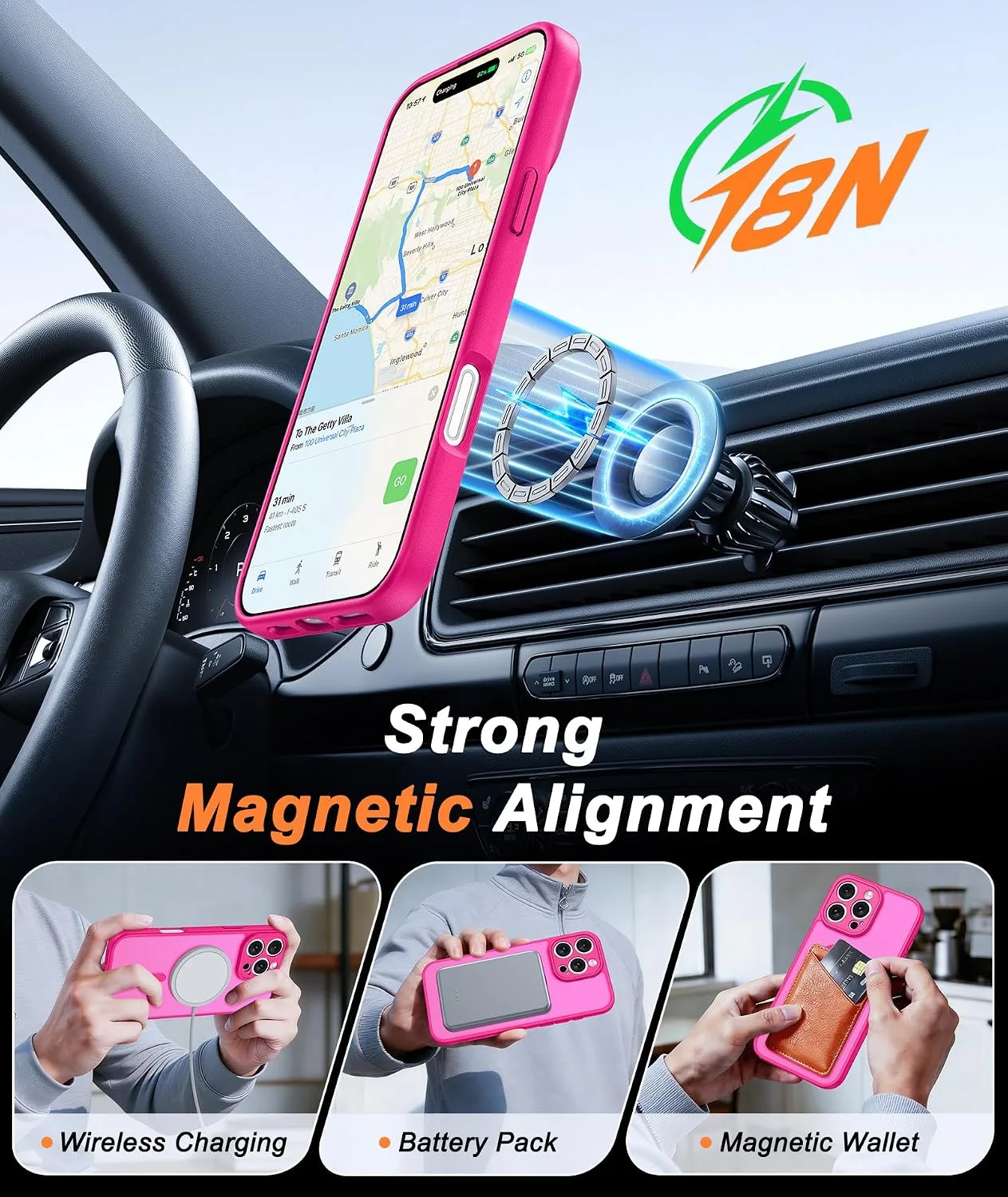 FNTCASE for iPhone 16 Pro Max Case Fit for MagSafe Hot Pink