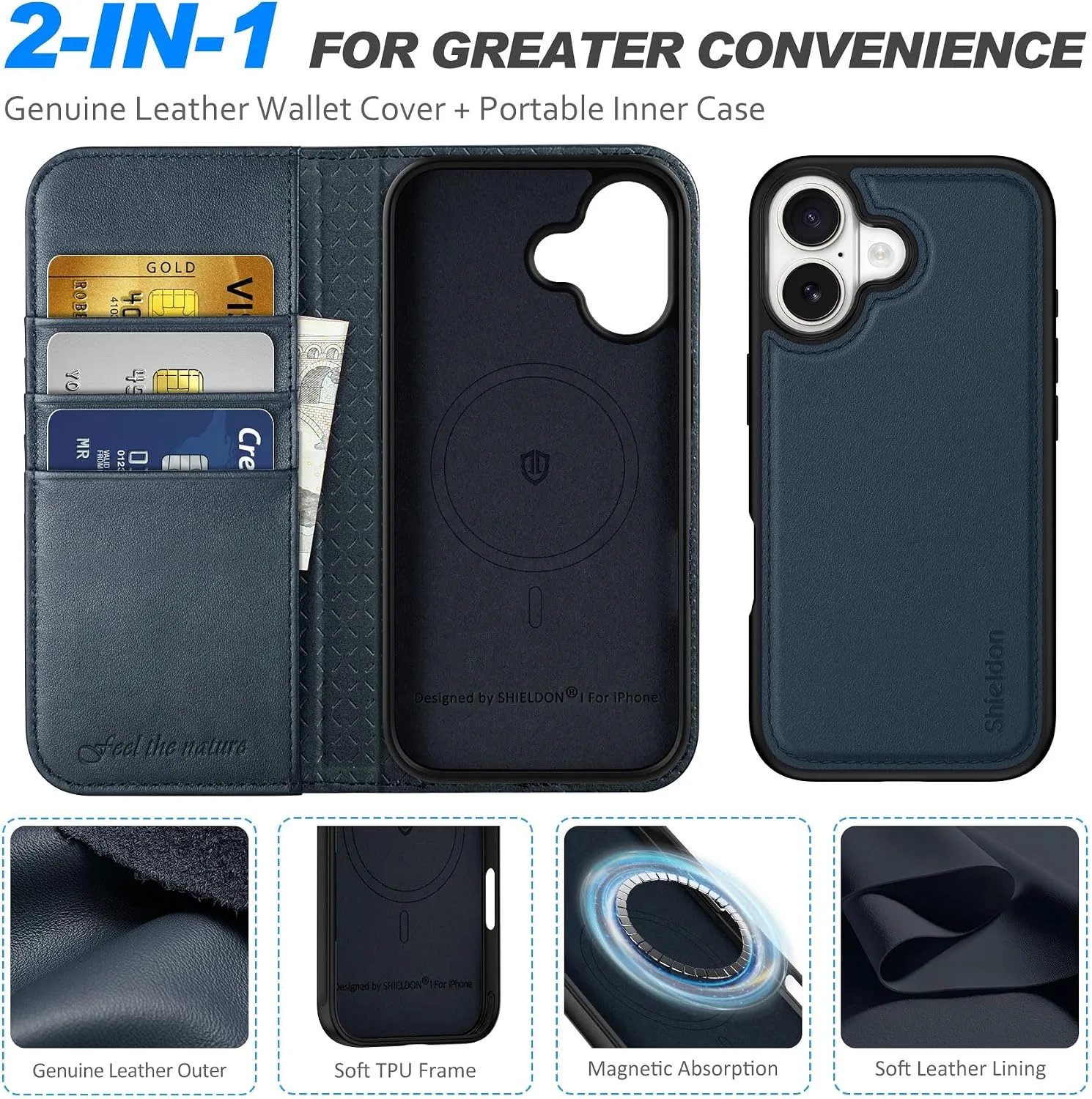 SHIELDON 2 in 1 Genuine Leather Wallet Case for iPhone 17 6.3", Navy Blue