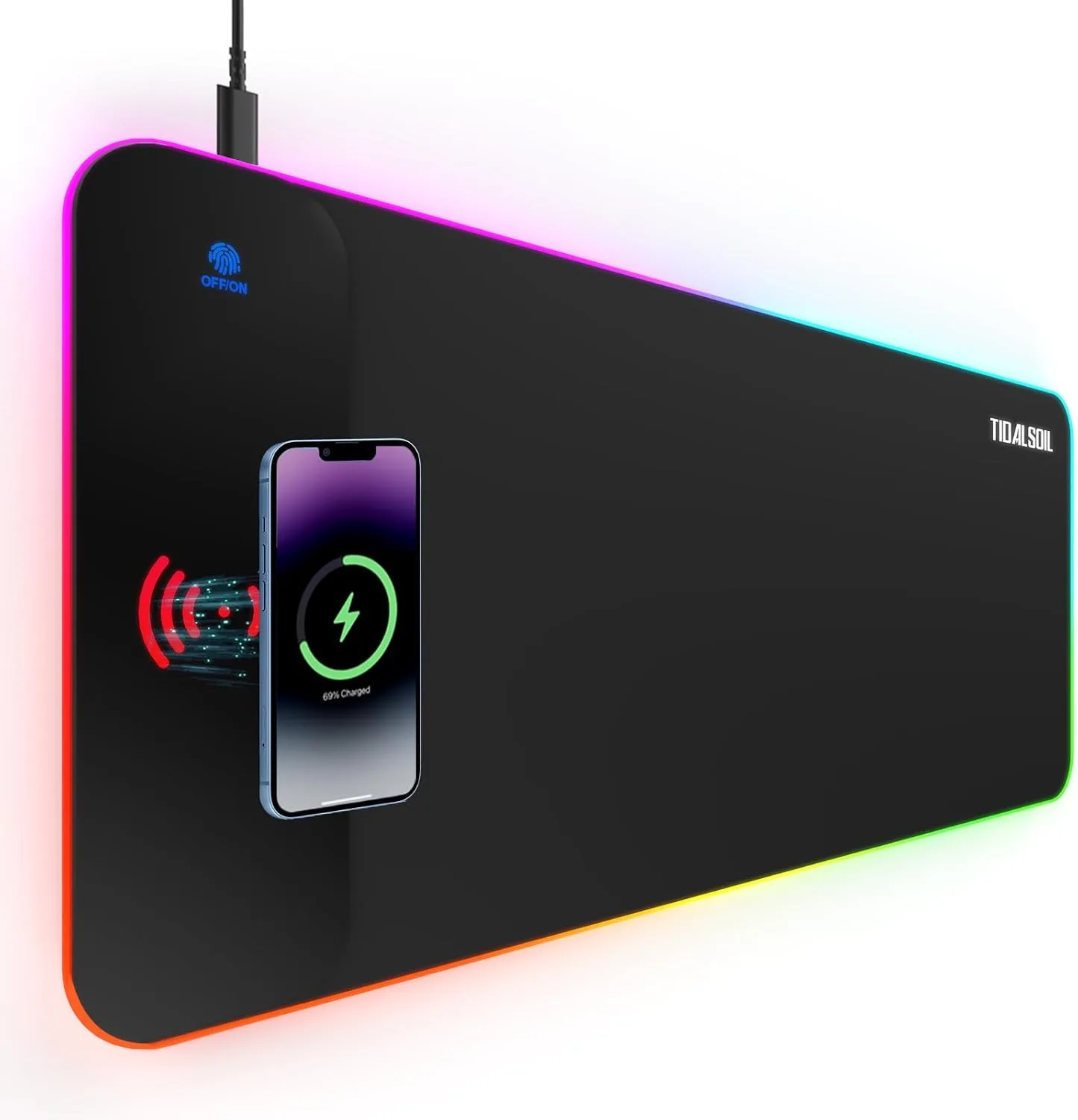TIDALSOIL RGB Gaming Mouse Pad, 15W Wireless Charger Desk Mat 27.6x11.8 in