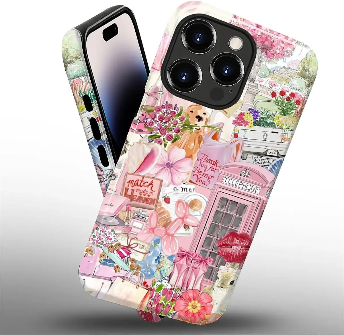 DAIZAG Case for iPhone 14 Pro,Mixed 2 Layer Design Shockproof Soft TPU Ddouble Protection Phone Case for iPhone 14 Pro-Cute Pink Animal Garden Collage