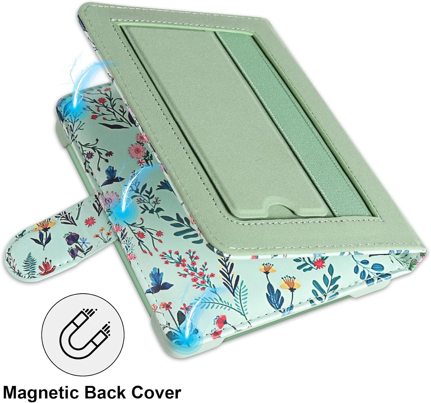 HoYiXi Universal Case for 6 inch eReader,Compatible with Kindle/Kobo Clara HD/Kobo Clara 2E/Paperwhite/Pocketbook/Tolino eReader,with HandStrap/Kickstand, Cover Case for 6'' eReaders,Green Flowers