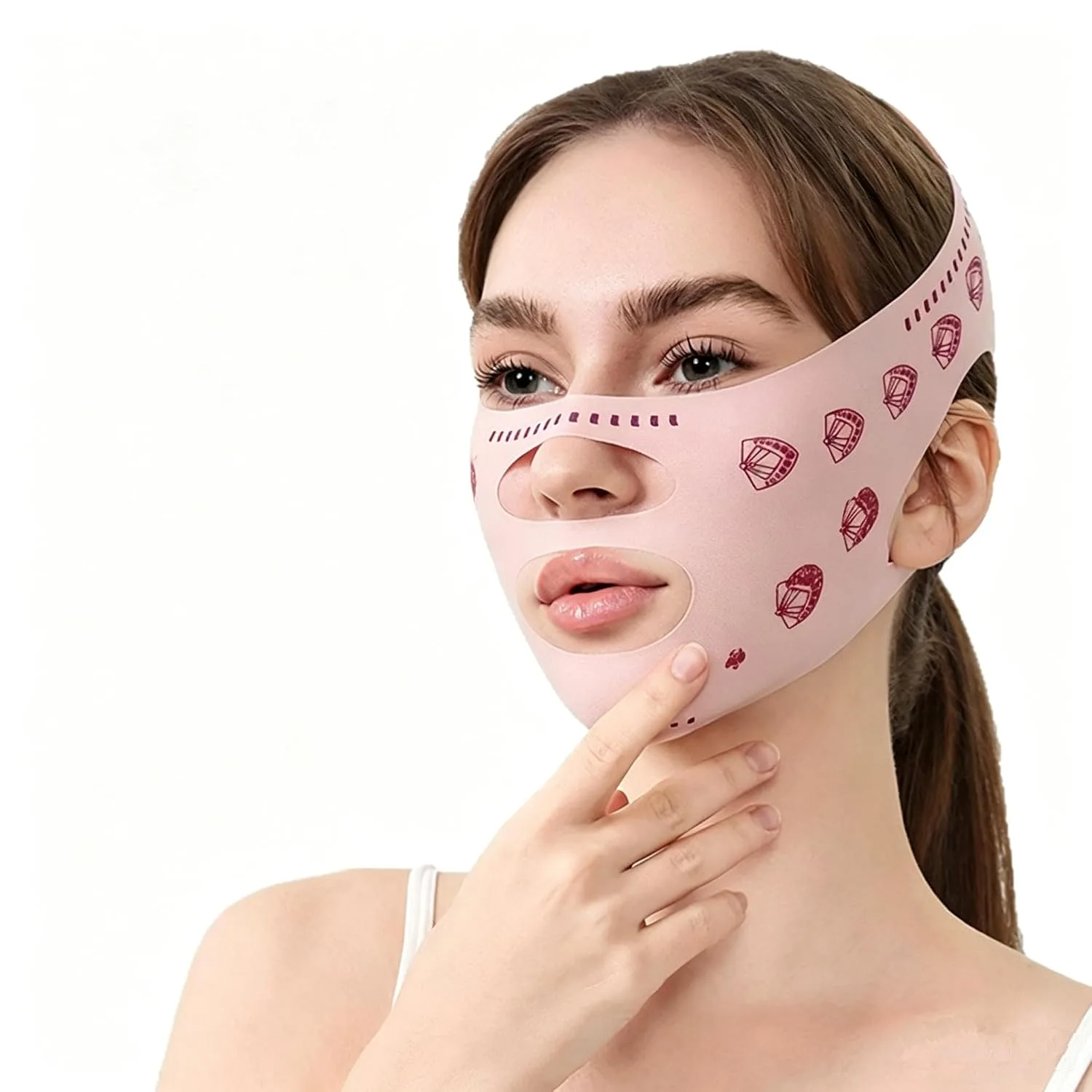 Face Lifting Strap, Breathable Reusable Facial Slimming Band for Women, Double Chin Reducer & Anti-Wrinkle Face Lift Belt (pink pattern)