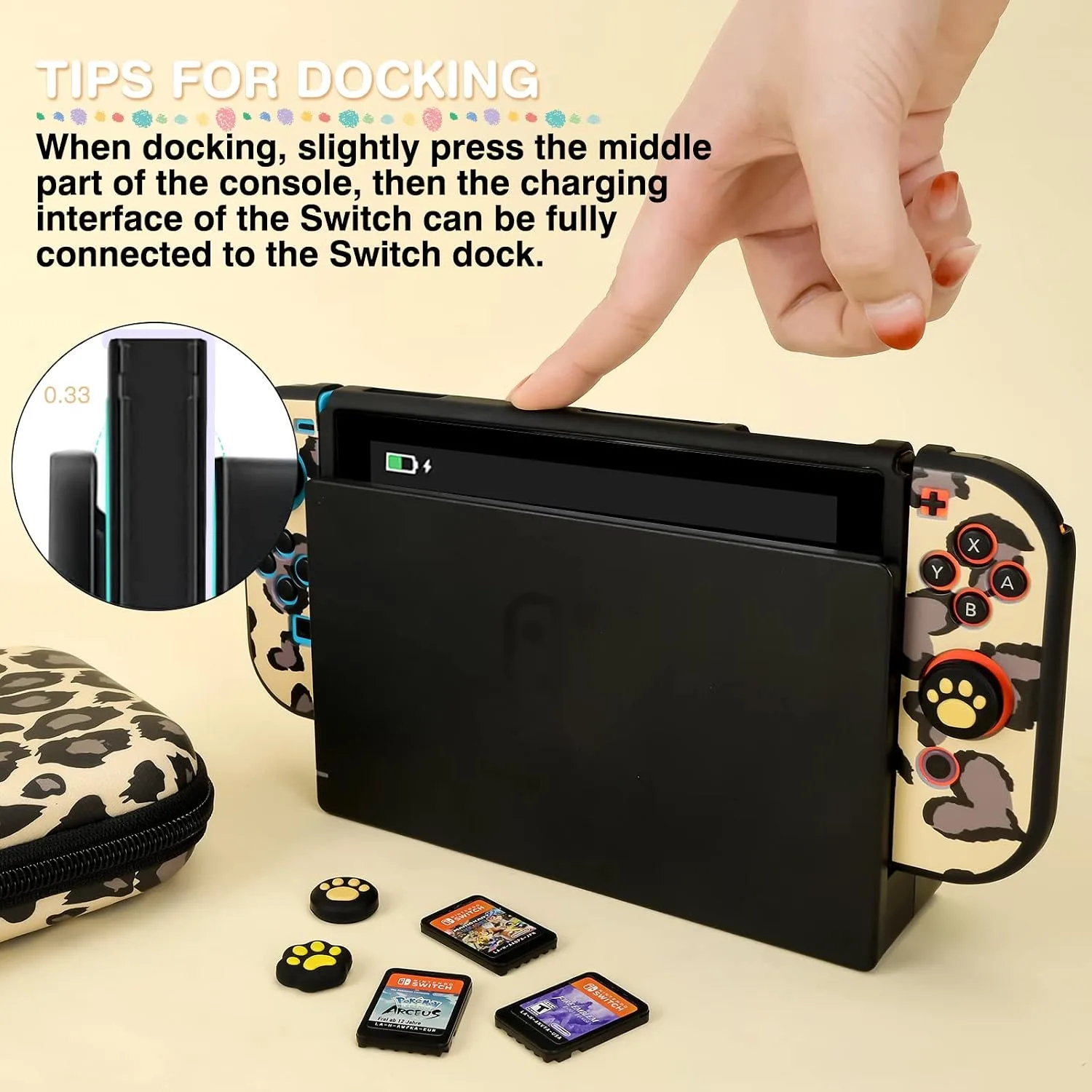 DLseego Brown Love Leopard Carrying Case for Switch, Cute Silicone Protective Soft Cover with 4PCS Thumb Grip Caps and Brown Plush Heart Pendant Hard Storage Case Accessories Kit Bundle for Girls