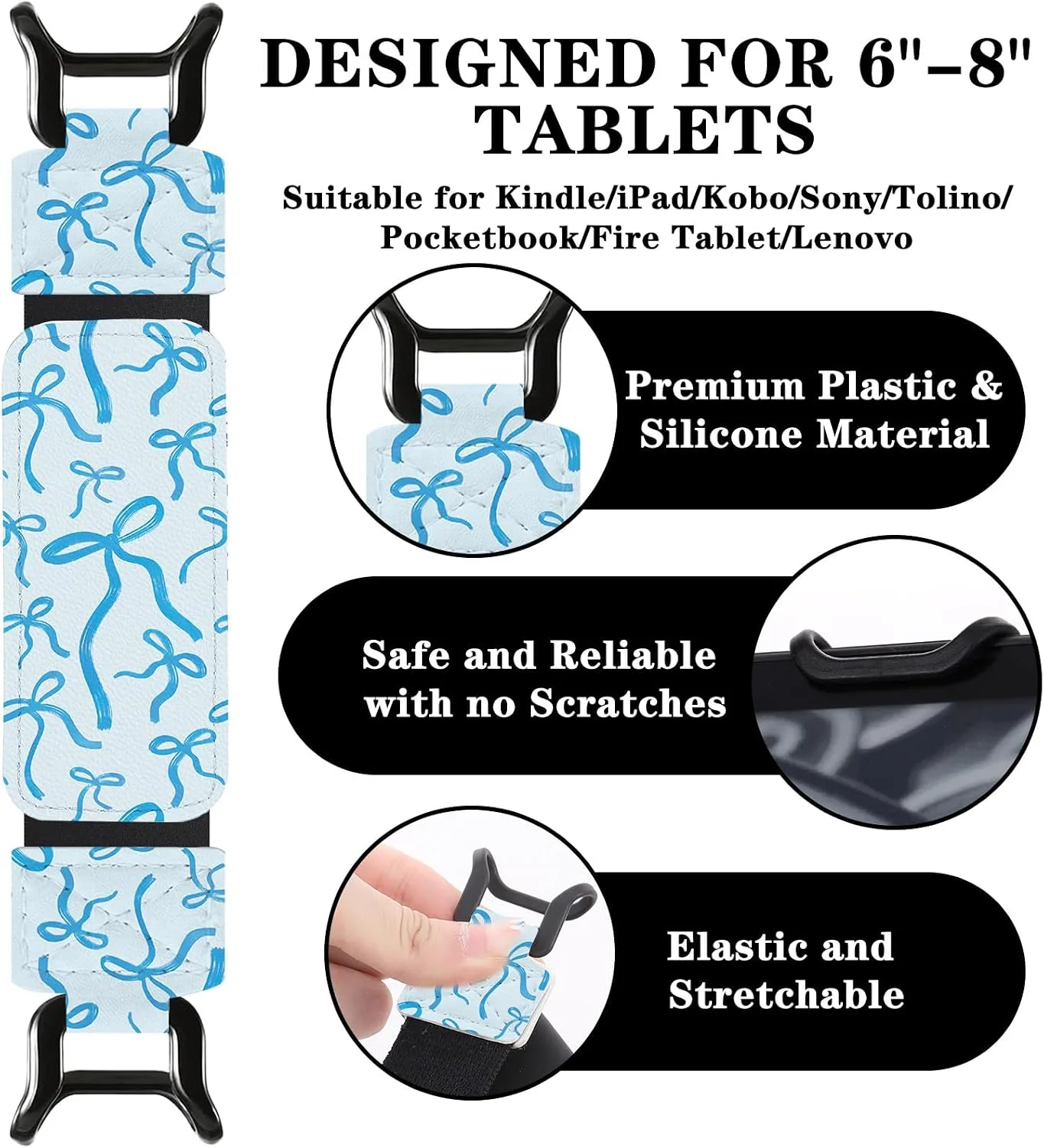 Hand Strap for Kindle Blue Bow Finger Grip