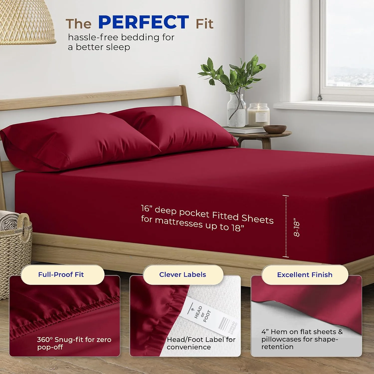 THREAD SPREAD Egyptian Cotton Sheets King Size - Luxury 600 Series King Size Sheets Set (4 PC, Burgundy), 16" Deep Pocket All Around Elastic, Soft, Cooling, Sateen Weave, Durable Hotel Bed Sheet Sets