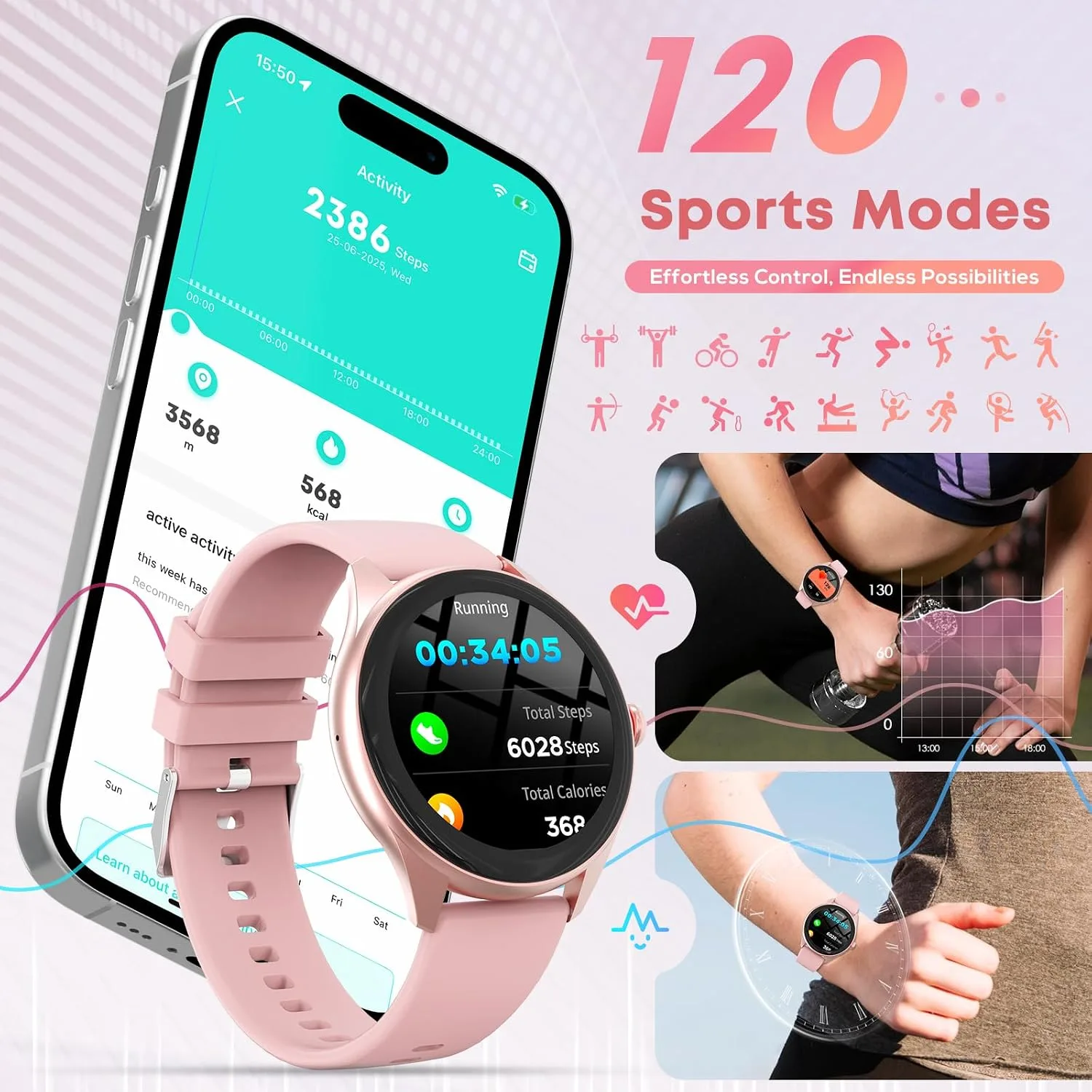 Smart Watch for Men, 1.39" HD Touchscreen Smartwatch with 120 Sports Modes,Heart Rate/Sleep Monitor, Music Control Fitness Watch for iPhone/Android (New Pink)