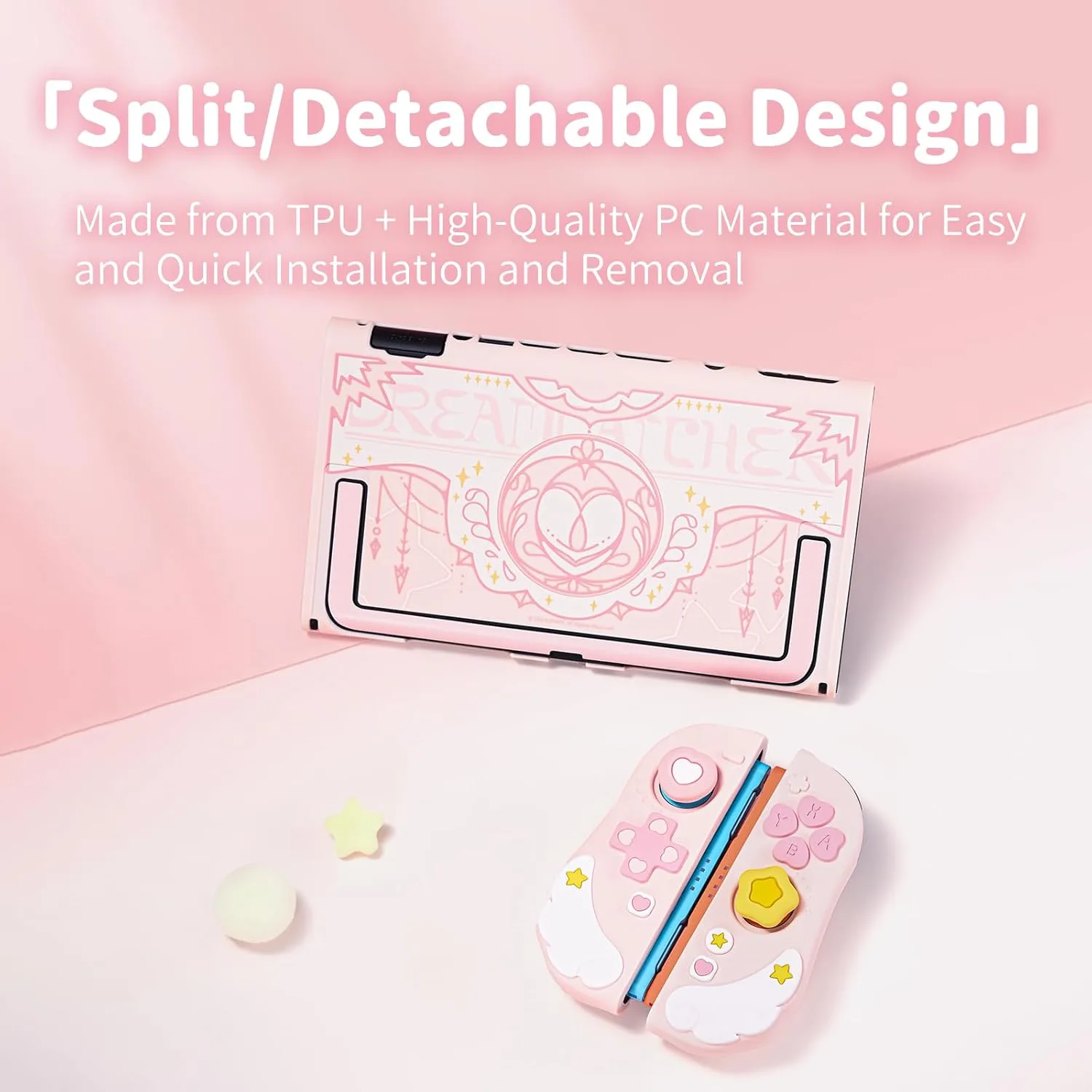 Geekshare Protective Case Set Compatible with switch 2, PC Back Plate with Silicone Joysticks Covers, Includes 2 Thumb Grips, Waterproof Protection - Star Wing Series (Pink)
