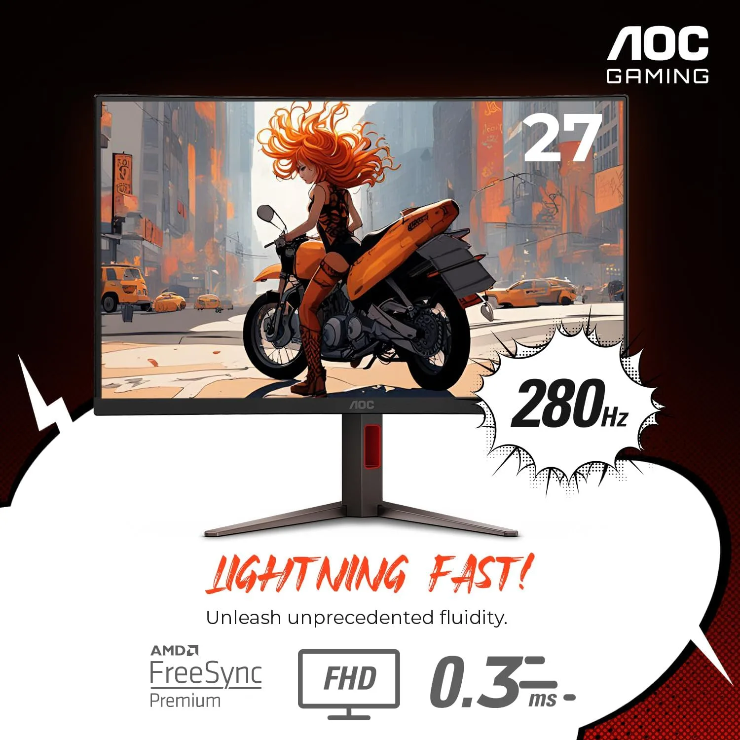 AOC 27 Inch Curved Gaming Monitor FHD 280Hz VA 0.3ms HDR, C27G4ZH