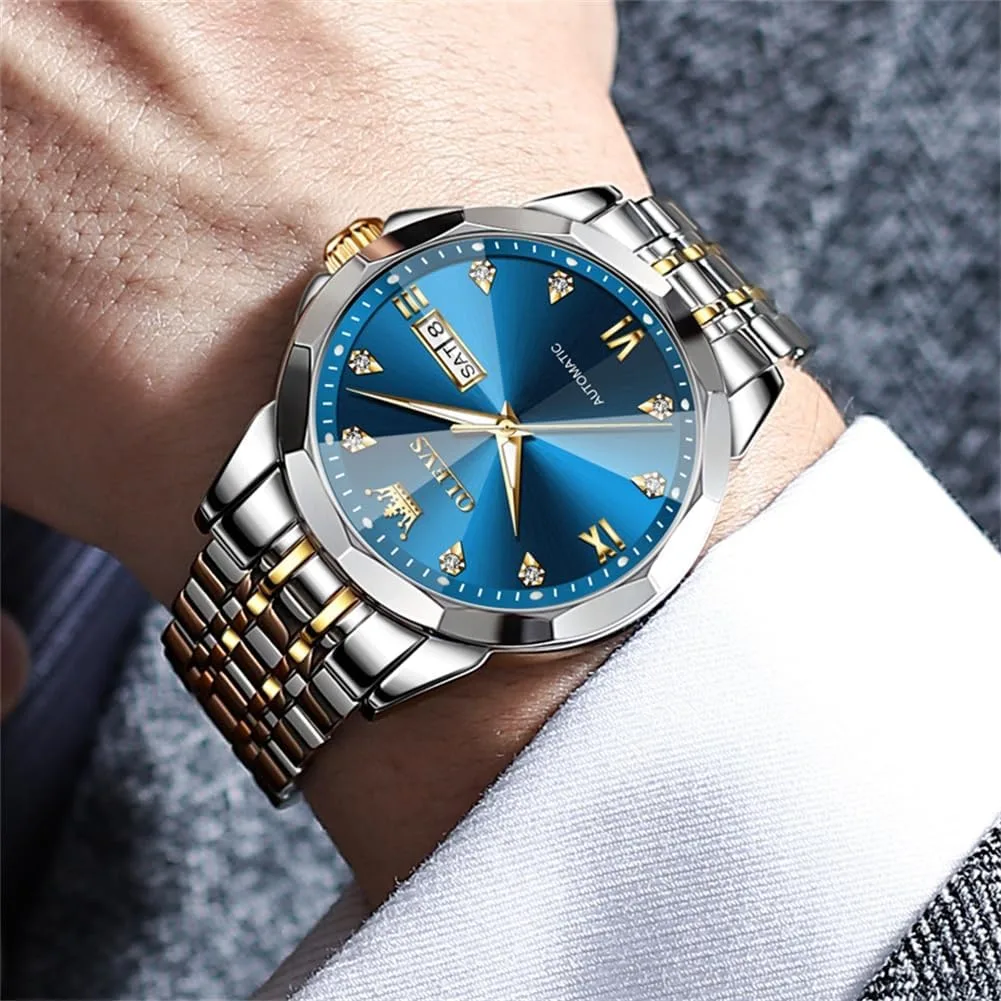OLEVS Skeleton Men Watches Automatic Business Luxury Diamond Self Winding Watch for Men Stainless Steel Calendar Wrist Watch