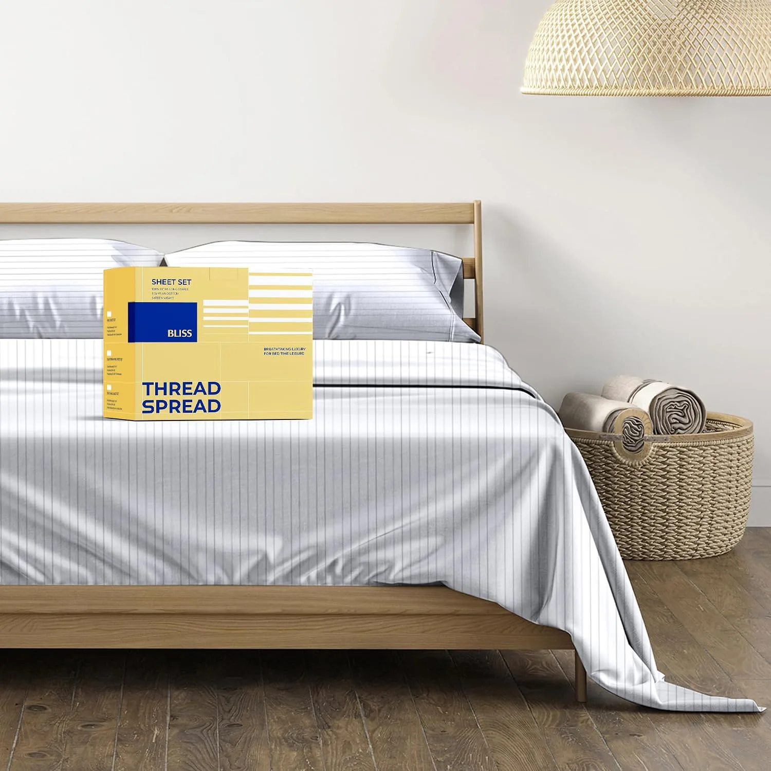THREAD SPREAD Egyptian Cotton Sheets King Size - Luxury 600 Series King Size Sheets Set (4 PC, Pinstripe - Light Grey), 16" Deep Pocket All Around Elastic, Soft, Sateen, Durable Hotel Bed Sheet Sets