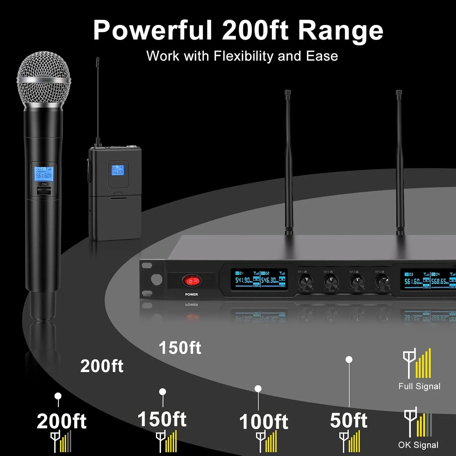 innopow 4-Channel Wireless Microphone System, Quad UHF Metal Cordless Mic, 2 Handheld Mics, 2 Bodypack Mics, Long Distance150-200Ft, Fixed Frequency, 16 Hours Use for Karaoke Singing, Church