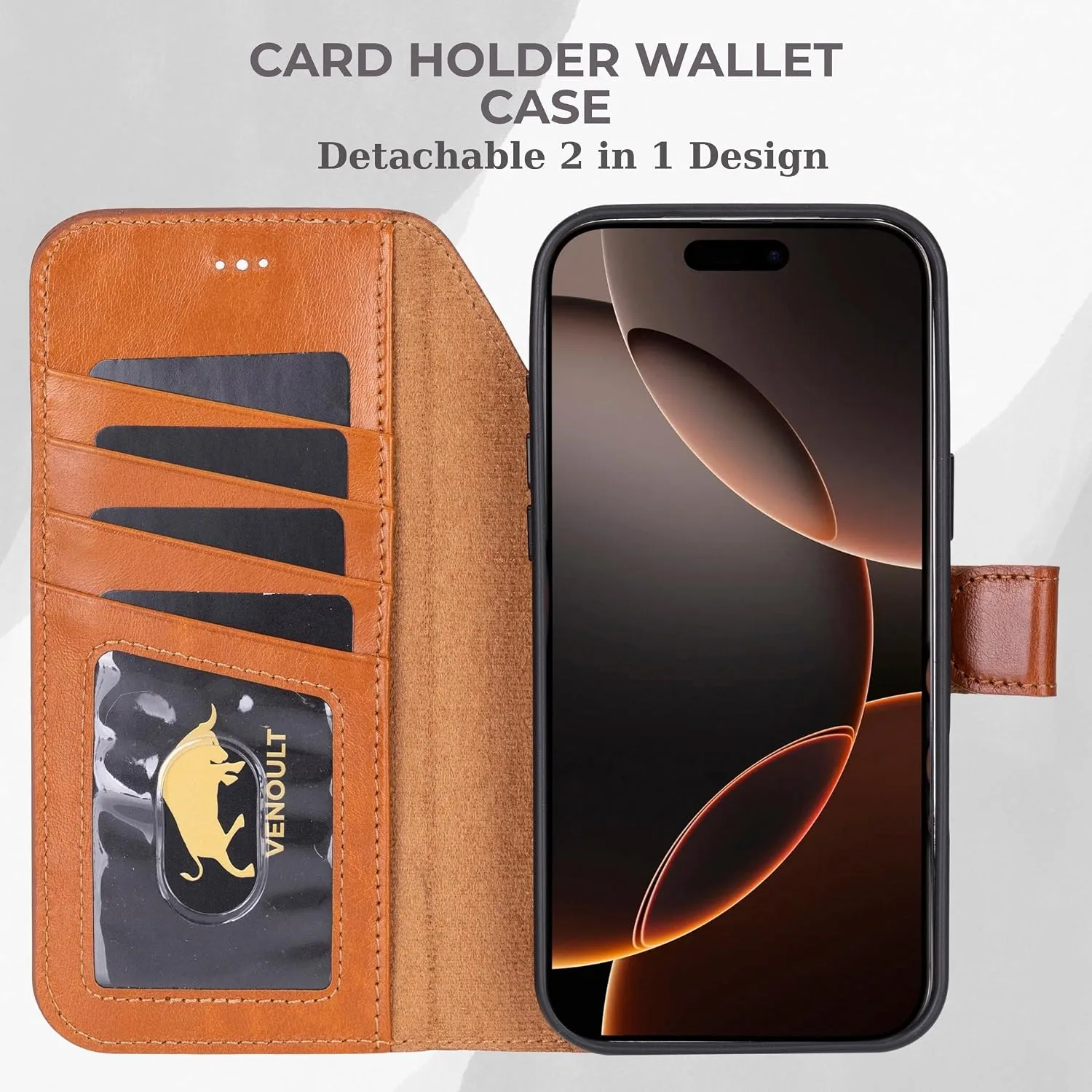 VENOULT Wallet Case for iPhone 17 Pro MAX, Full Grain Genuine Turkish Leather, Magnetic Detachable, RFID Protected 4 Card Slots, Business Style, Compatible with MagSafe, Handmade (Chestnut)