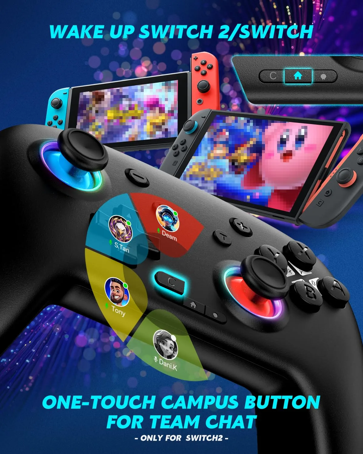 Switch Controller, Wireless Bluetooth Controller for Nintendo Switch 2/Switch/Lite/OLED, game controllers Compatible with iPhone/Mac/iPad/iOS/Android/Phone/PC/Steam and TV with Rotary Motors, RGB Hall Effect Joysticks/Macro Back Buttons/Turbo Modes/6-Axis/Motion/Wake up (Light Black)