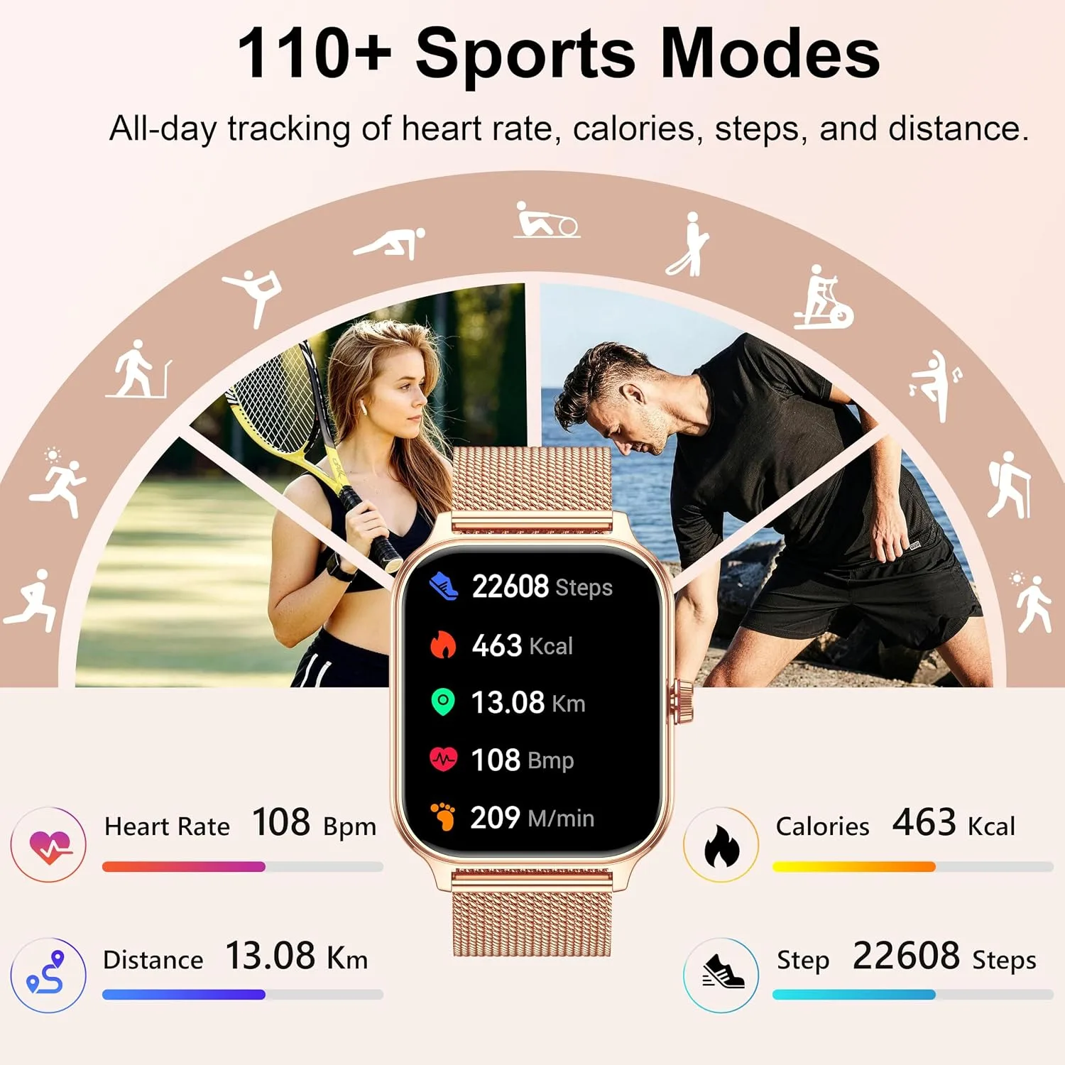 Smart Watch Women Men, 1.96" Reloj Inteligente para Mujer, Fitness Tracker, Blood Pressure/Heart Rate/SpO2 & Sleep Monitor, 110+ Sport Modes, Make/Answer Call, Voice Assistant for iOS Android