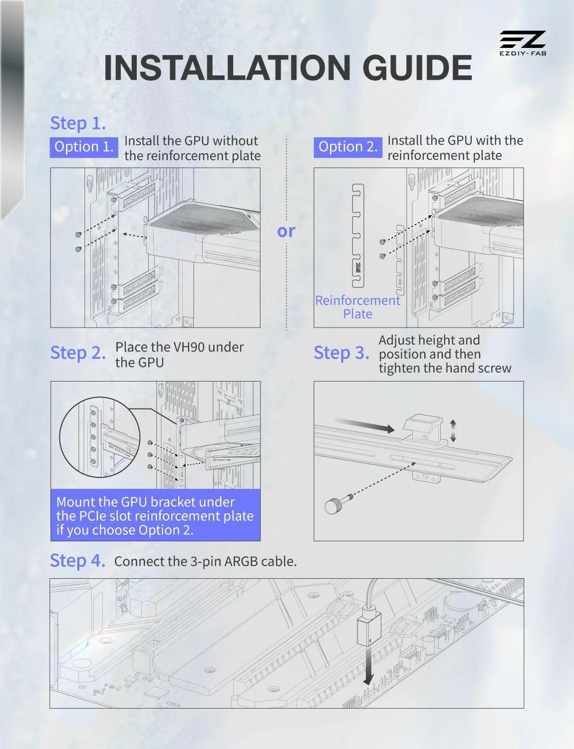 EZDIY-FAB VH90 Adjustable ARGB GPU Support Bracket, Anti-Sag Design, White